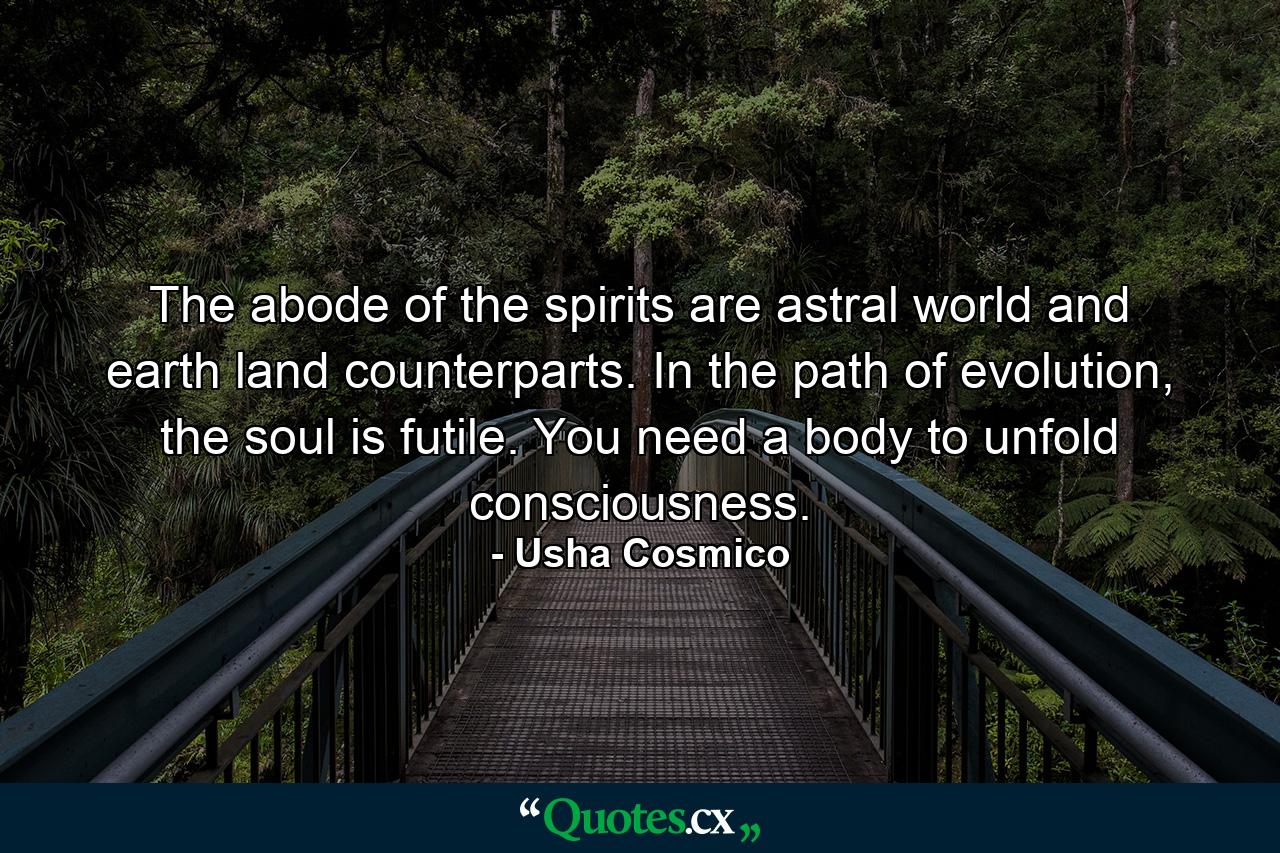 The abode of the spirits are astral world and earth land counterparts. In the path of evolution, the soul is futile. You need a body to unfold consciousness. - Quote by Usha Cosmico