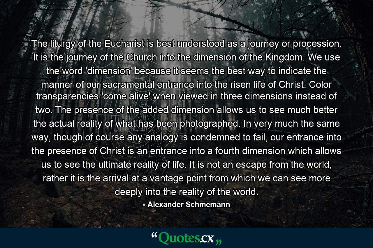 The liturgy of the Eucharist is best understood as a journey or procession. It is the journey of the Church into the dimension of the Kingdom. We use the word 'dimension' because it seems the best way to indicate the manner of our sacramental entrance into the risen life of Christ. Color transparencies 'come alive' when viewed in three dimensions instead of two. The presence of the added dimension allows us to see much better the actual reality of what has been photographed. In very much the same way, though of course any analogy is condemned to fail, our entrance into the presence of Christ is an entrance into a fourth dimension which allows us to see the ultimate reality of life. It is not an escape from the world, rather it is the arrival at a vantage point from which we can see more deeply into the reality of the world. - Quote by Alexander Schmemann