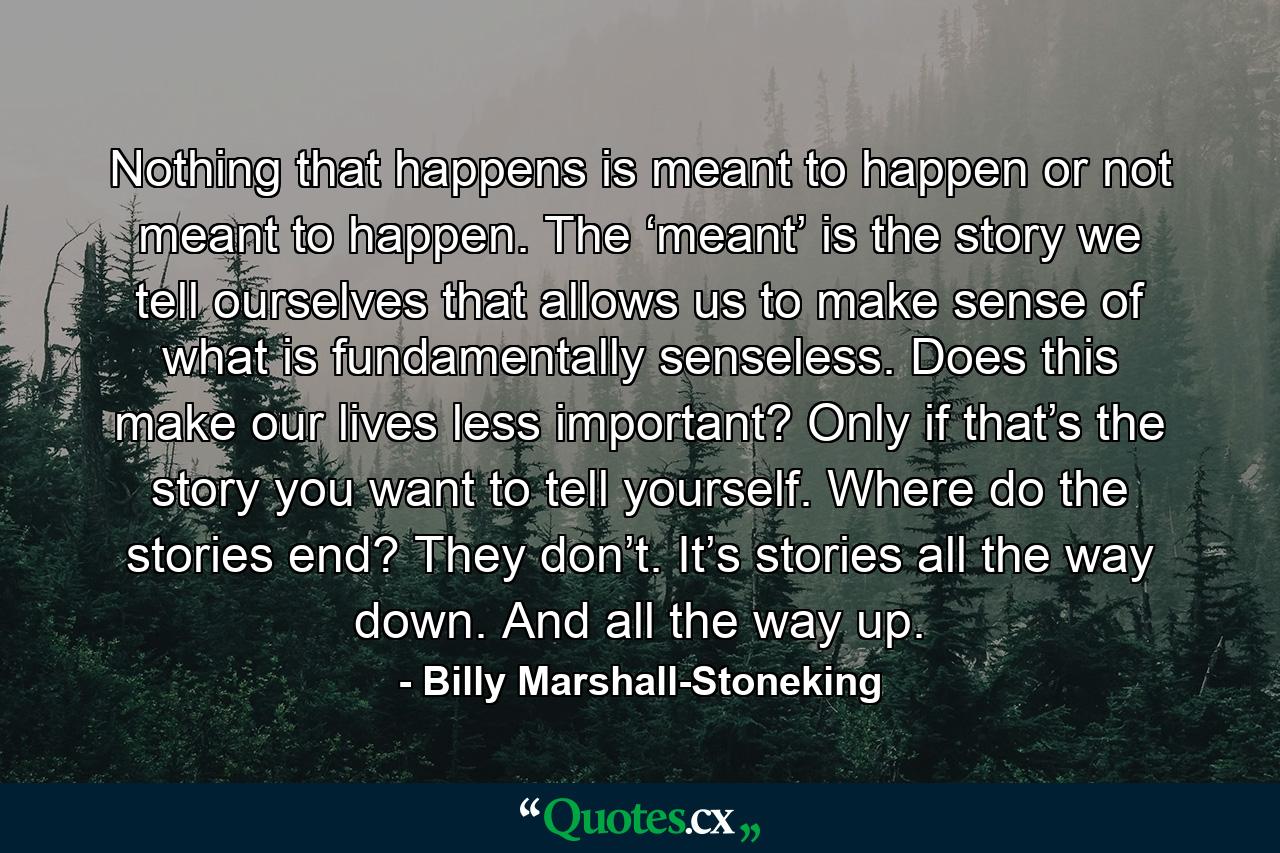 Nothing that happens is meant to happen or not meant to happen. The ‘meant’ is the story we tell ourselves that allows us to make sense of what is fundamentally senseless. Does this make our lives less important? Only if that’s the story you want to tell yourself. Where do the stories end? They don’t. It’s stories all the way down. And all the way up. - Quote by Billy Marshall-Stoneking