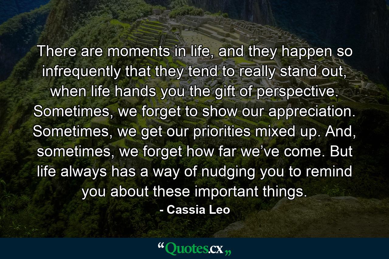 There are moments in life, and they happen so infrequently that they tend to really stand out, when life hands you the gift of perspective. Sometimes, we forget to show our appreciation. Sometimes, we get our priorities mixed up. And, sometimes, we forget how far we’ve come. But life always has a way of nudging you to remind you about these important things. - Quote by Cassia Leo