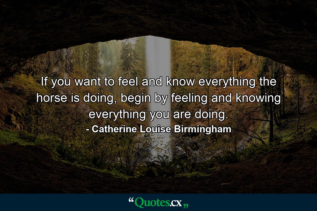 If you want to feel and know everything the horse is doing, begin by feeling and knowing everything you are doing. - Quote by Catherine Louise Birmingham