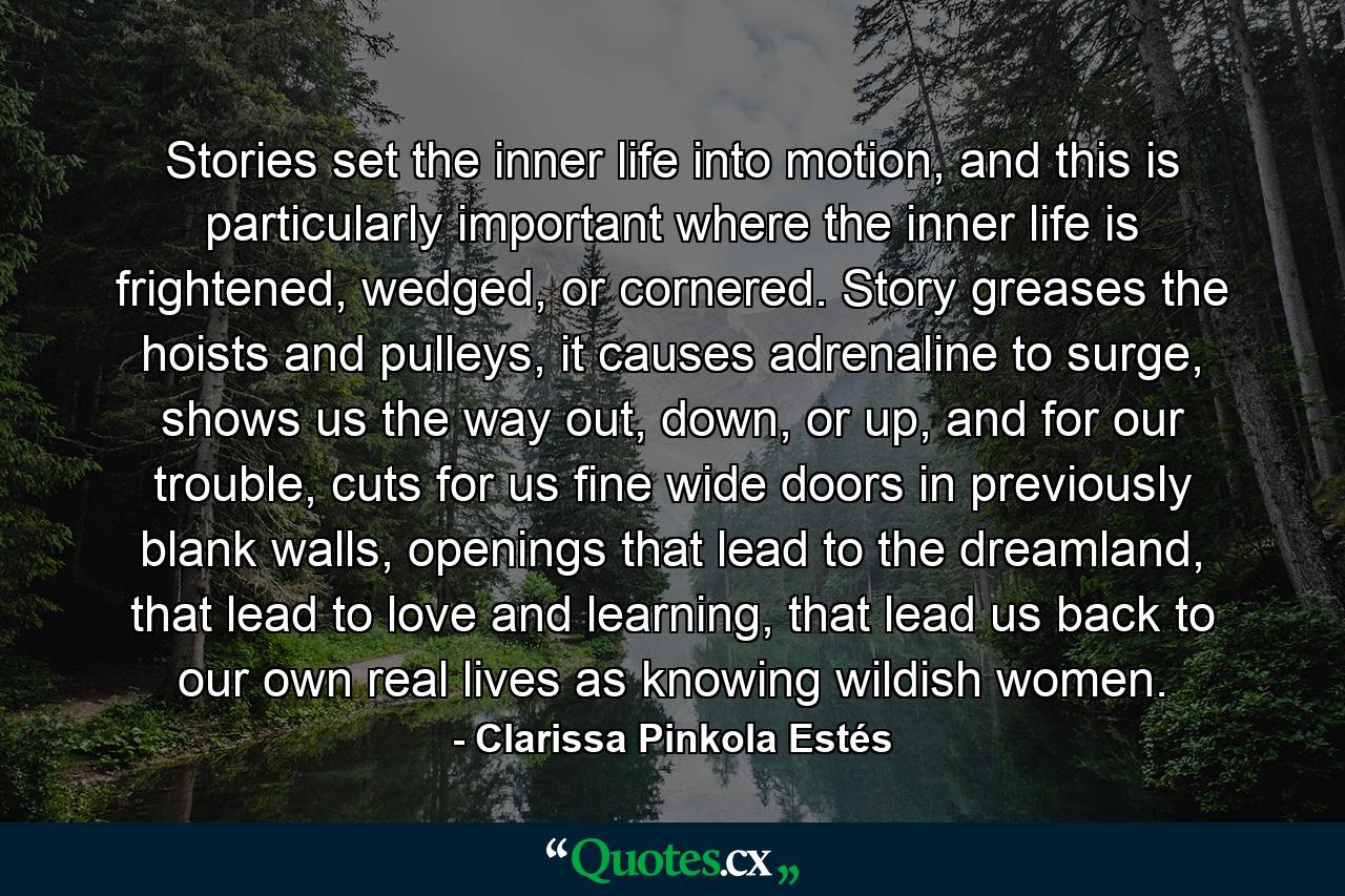 Stories set the inner life into motion, and this is particularly important where the inner life is frightened, wedged, or cornered. Story greases the hoists and pulleys, it causes adrenaline to surge, shows us the way out, down, or up, and for our trouble, cuts for us fine wide doors in previously blank walls, openings that lead to the dreamland, that lead to love and learning, that lead us back to our own real lives as knowing wildish women. - Quote by Clarissa Pinkola Estés