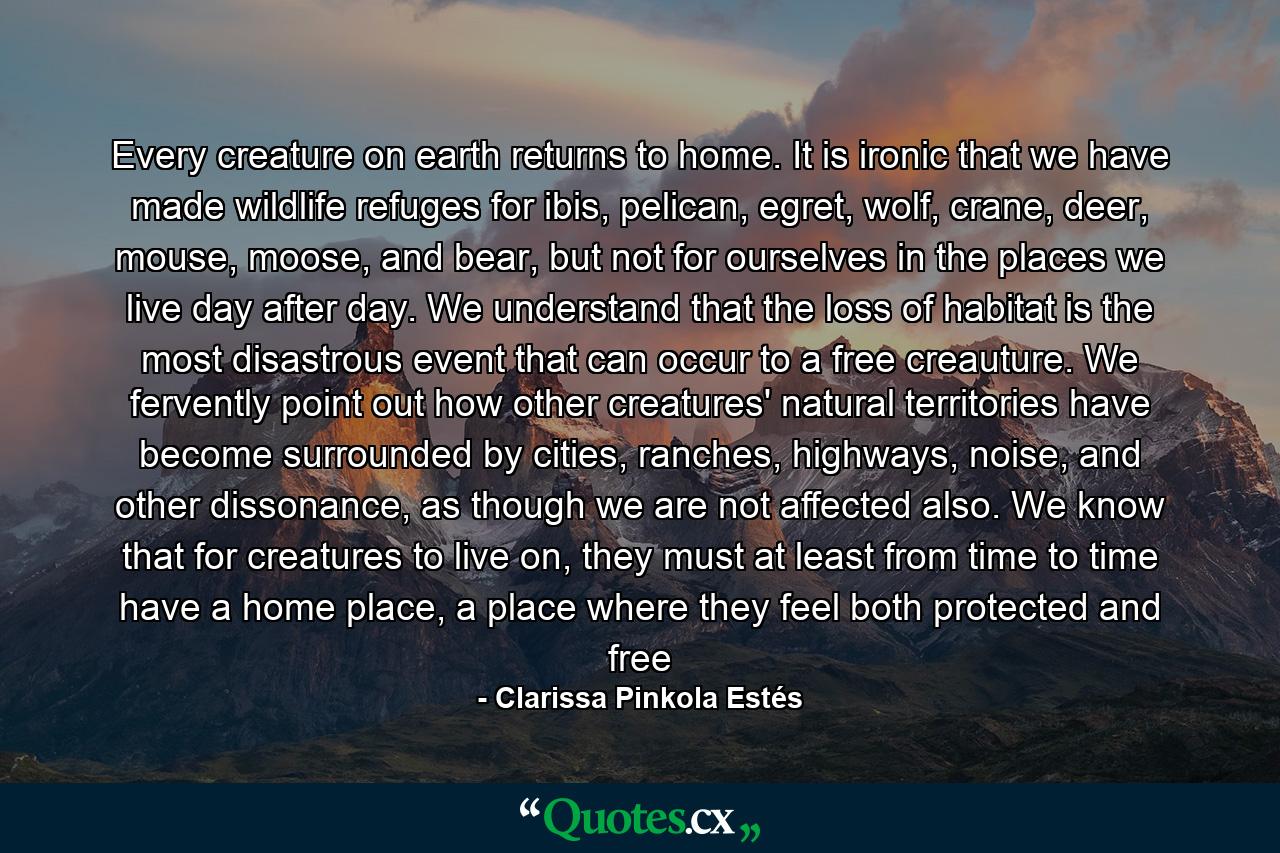 Every creature on earth returns to home. It is ironic that we have made wildlife refuges for ibis, pelican, egret, wolf, crane, deer, mouse, moose, and bear, but not for ourselves in the places we live day after day. We understand that the loss of habitat is the most disastrous event that can occur to a free creauture. We fervently point out how other creatures' natural territories have become surrounded by cities, ranches, highways, noise, and other dissonance, as though we are not affected also. We know that for creatures to live on, they must at least from time to time have a home place, a place where they feel both protected and free - Quote by Clarissa Pinkola Estés