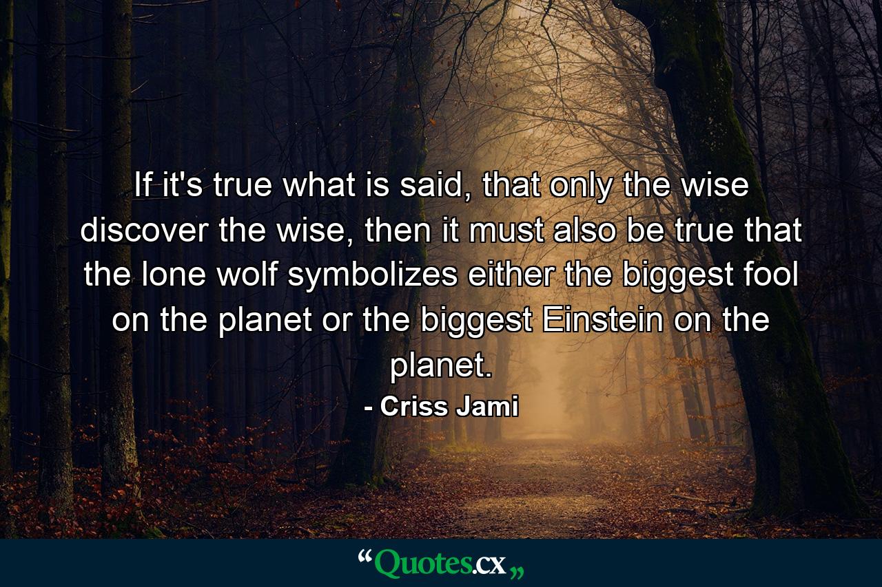 If it's true what is said, that only the wise discover the wise, then it must also be true that the lone wolf symbolizes either the biggest fool on the planet or the biggest Einstein on the planet. - Quote by Criss Jami