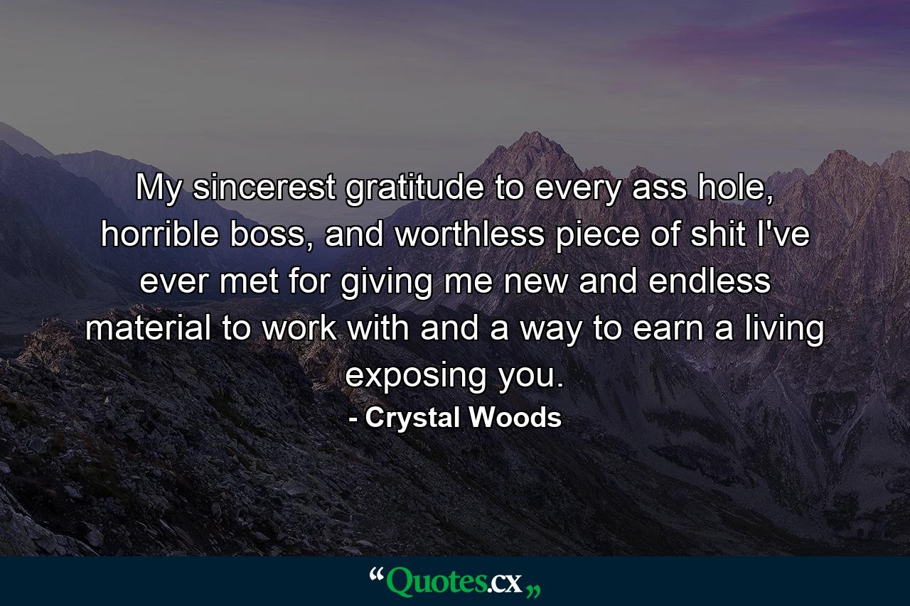 My sincerest gratitude to every ass hole, horrible boss, and worthless piece of shit I've ever met for giving me new and endless material to work with and a way to earn a living exposing you. - Quote by Crystal Woods