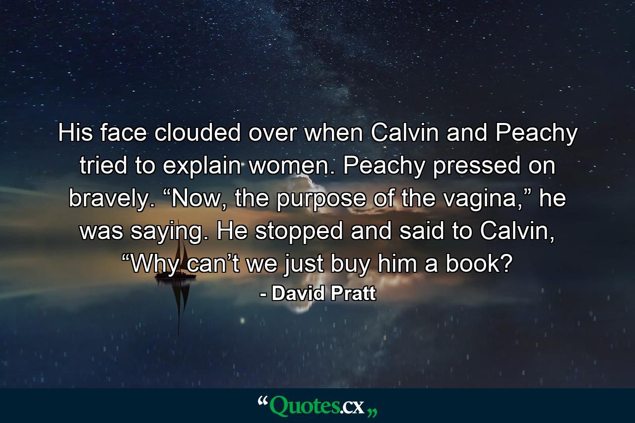 His face clouded over when Calvin and Peachy tried to explain women. Peachy pressed on bravely. “Now, the purpose of the vagina,” he was saying. He stopped and said to Calvin, “Why can’t we just buy him a book? - Quote by David Pratt