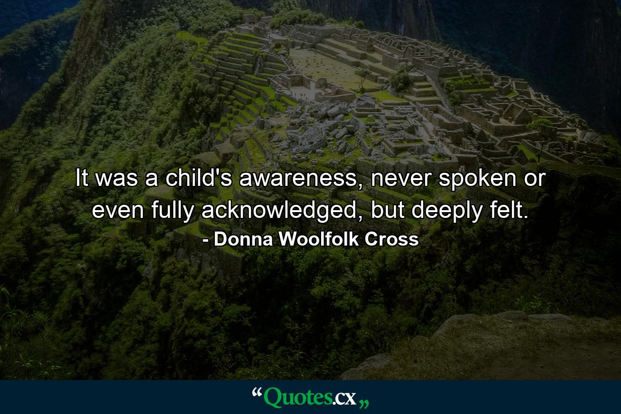 It was a child's awareness, never spoken or even fully acknowledged, but deeply felt. - Quote by Donna Woolfolk Cross