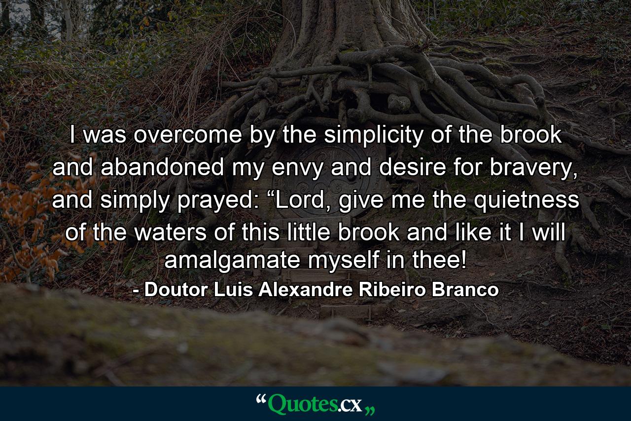 I was overcome by the simplicity of the brook and abandoned my envy and desire for bravery, and simply prayed: “Lord, give me the quietness of the waters of this little brook and like it I will amalgamate myself in thee! - Quote by Doutor Luis Alexandre Ribeiro Branco