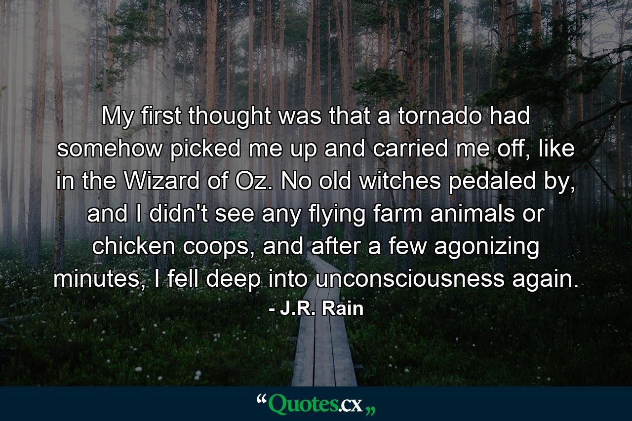 My first thought was that a tornado had somehow picked me up and carried me off, like in the Wizard of Oz. No old witches pedaled by, and I didn't see any flying farm animals or chicken coops, and after a few agonizing minutes, I fell deep into unconsciousness again. - Quote by J.R. Rain