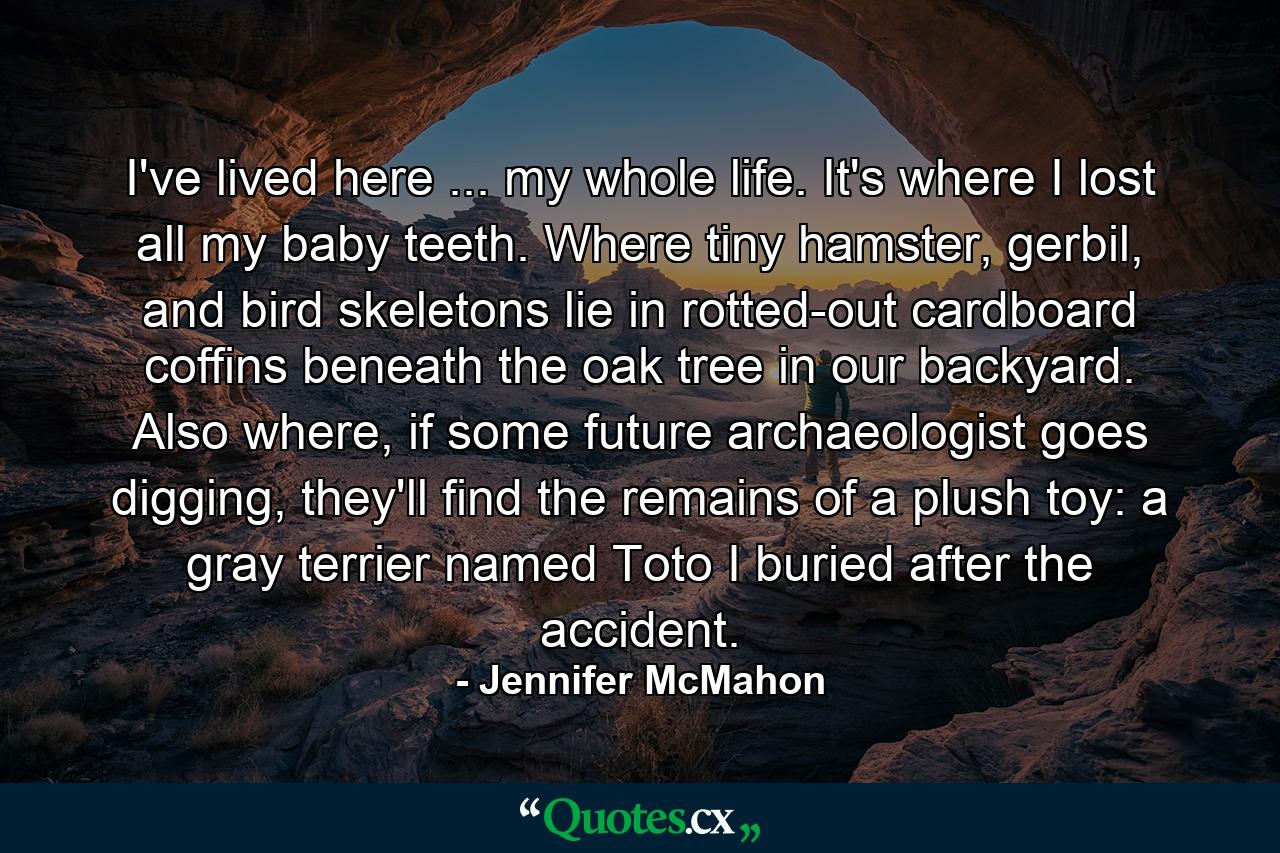 I've lived here ... my whole life. It's where I lost all my baby teeth. Where tiny hamster, gerbil, and bird skeletons lie in rotted-out cardboard coffins beneath the oak tree in our backyard. Also where, if some future archaeologist goes digging, they'll find the remains of a plush toy: a gray terrier named Toto I buried after the accident. - Quote by Jennifer McMahon