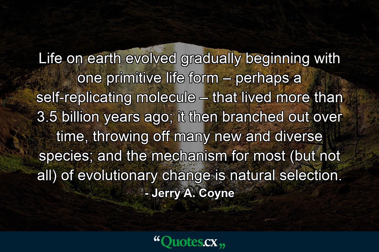 Life on earth evolved gradually beginning with one primitive life form – perhaps a self-replicating molecule – that lived more than 3.5 billion years ago; it then branched out over time, throwing off many new and diverse species; and the mechanism for most (but not all) of evolutionary change is natural selection. - Quote by Jerry A. Coyne