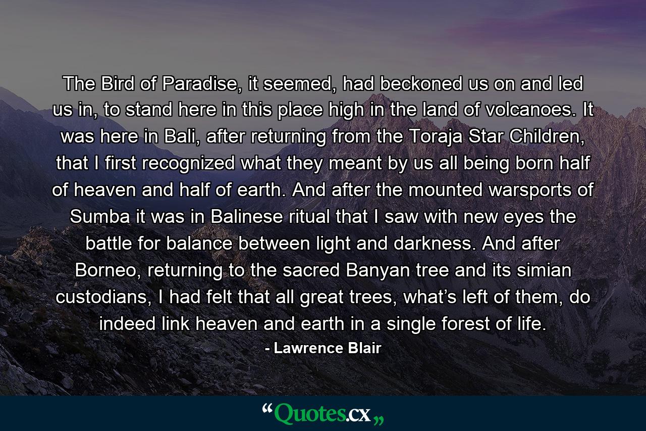 The Bird of Paradise, it seemed, had beckoned us on and led us in, to stand here in this place high in the land of volcanoes. It was here in Bali, after returning from the Toraja Star Children, that I first recognized what they meant by us all being born half of heaven and half of earth. And after the mounted warsports of Sumba it was in Balinese ritual that I saw with new eyes the battle for balance between light and darkness. And after Borneo, returning to the sacred Banyan tree and its simian custodians, I had felt that all great trees, what’s left of them, do indeed link heaven and earth in a single forest of life. - Quote by Lawrence Blair