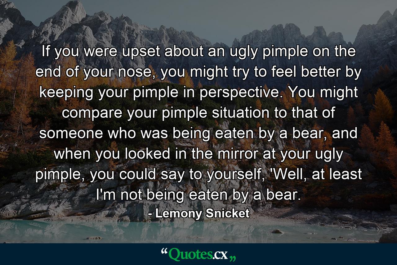 If you were upset about an ugly pimple on the end of your nose, you might try to feel better by keeping your pimple in perspective. You might compare your pimple situation to that of someone who was being eaten by a bear, and when you looked in the mirror at your ugly pimple, you could say to yourself, 'Well, at least I'm not being eaten by a bear. - Quote by Lemony Snicket