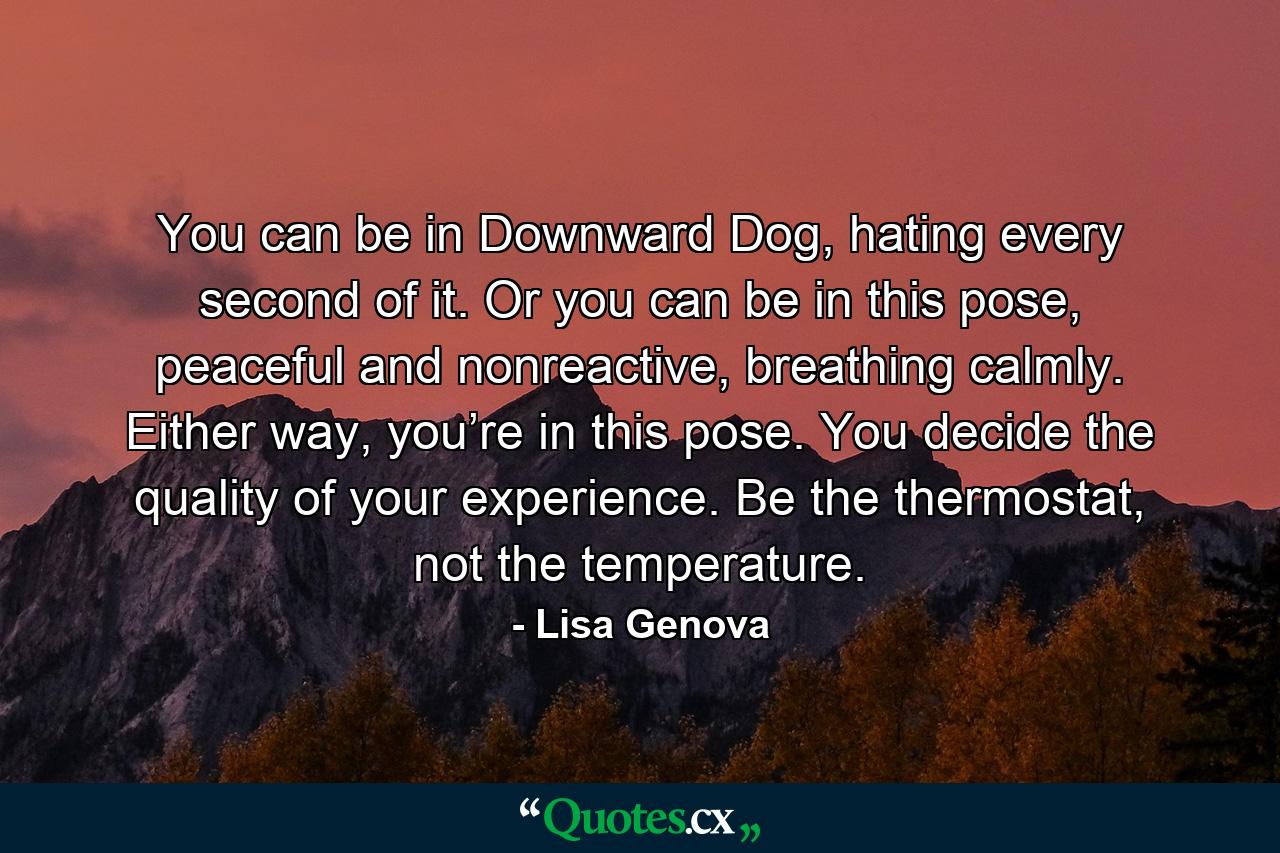 You can be in Downward Dog, hating every second of it. Or you can be in this pose, peaceful and nonreactive, breathing calmly. Either way, you’re in this pose. You decide the quality of your experience. Be the thermostat, not the temperature. - Quote by Lisa Genova