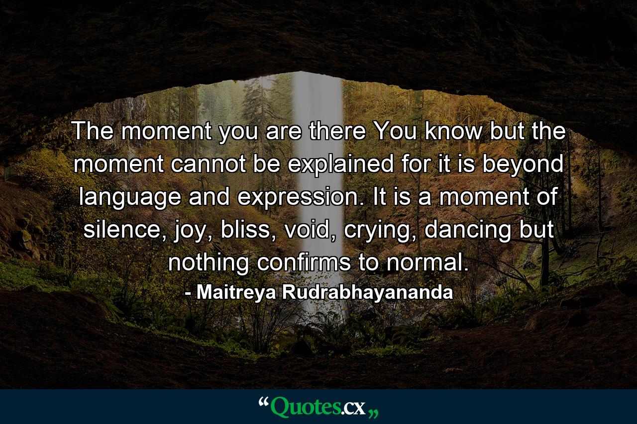 The moment you are there You know but the moment cannot be explained for it is beyond language and expression. It is a moment of silence, joy, bliss, void, crying, dancing but nothing confirms to normal. - Quote by Maitreya Rudrabhayananda