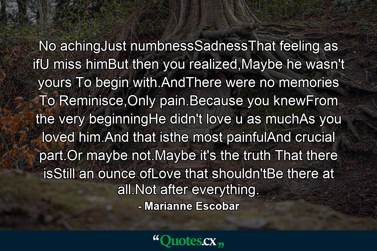 No achingJust numbnessSadnessThat feeling as ifU miss himBut then you realized,Maybe he wasn't yours To begin with.AndThere were no memories To Reminisce,Only pain.Because you knewFrom the very beginningHe didn't love u as muchAs you loved him.And that isthe most painfulAnd crucial part.Or maybe not.Maybe it's the truth That there isStill an ounce ofLove that shouldn'tBe there at all.Not after everything. - Quote by Marianne Escobar