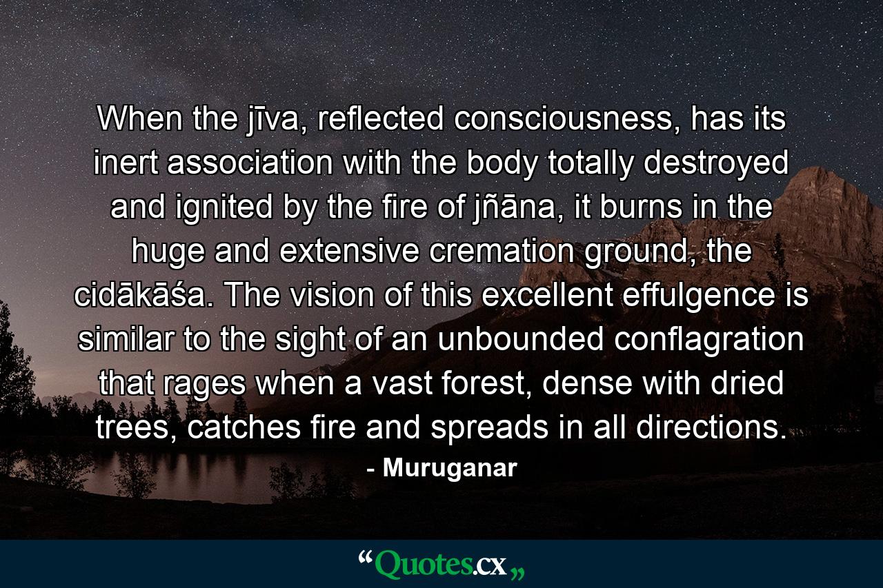 When the jīva, reflected consciousness, has its inert association with the body totally destroyed and ignited by the fire of jñāna, it burns in the huge and extensive cremation ground, the cidākāśa. The vision of this excellent effulgence is similar to the sight of an unbounded conflagration that rages when a vast forest, dense with dried trees, catches fire and spreads in all directions. - Quote by Muruganar