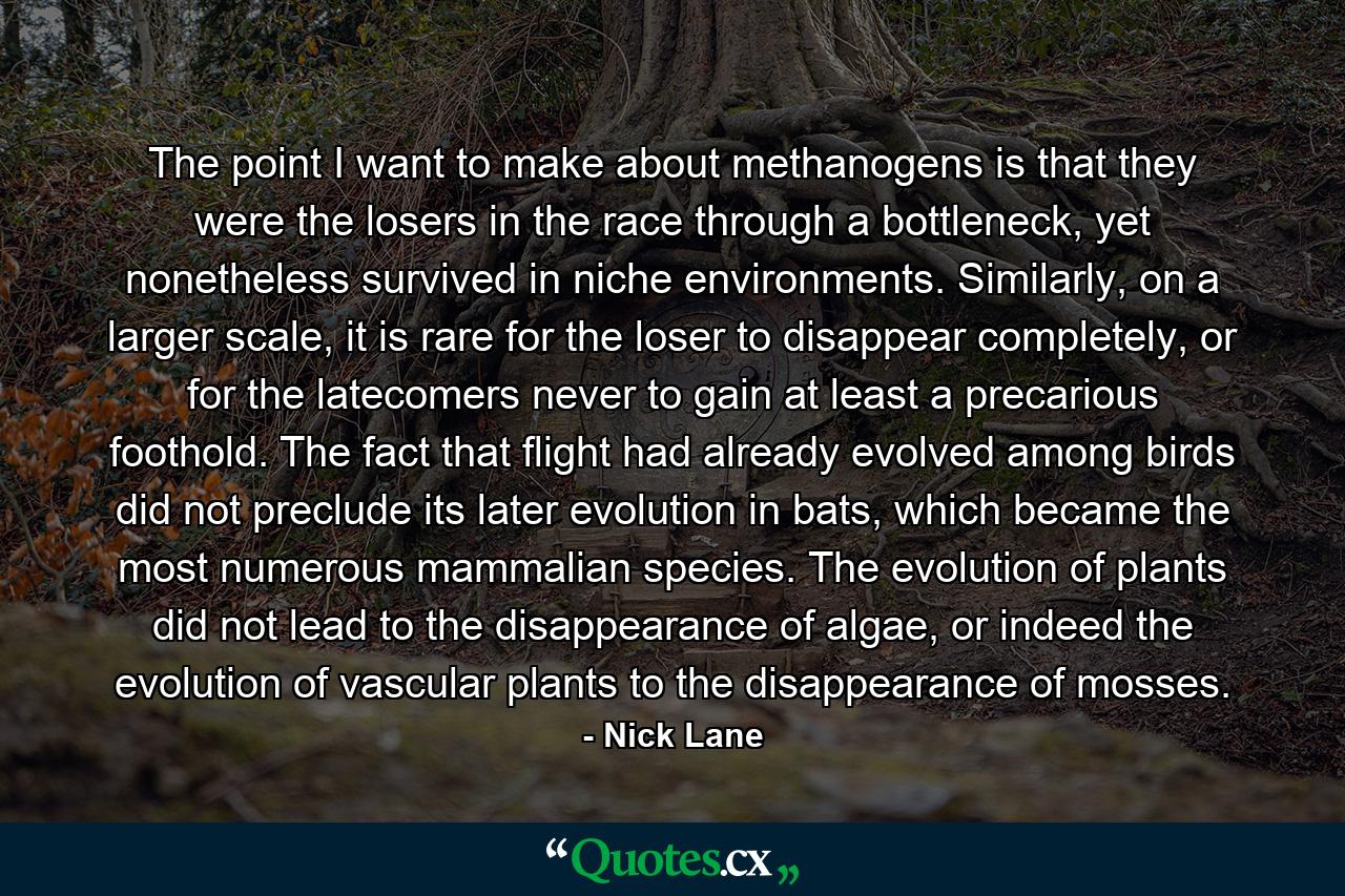 The point I want to make about methanogens is that they were the losers in the race through a bottleneck, yet nonetheless survived in niche environments. Similarly, on a larger scale, it is rare for the loser to disappear completely, or for the latecomers never to gain at least a precarious foothold. The fact that flight had already evolved among birds did not preclude its later evolution in bats, which became the most numerous mammalian species. The evolution of plants did not lead to the disappearance of algae, or indeed the evolution of vascular plants to the disappearance of mosses. - Quote by Nick Lane