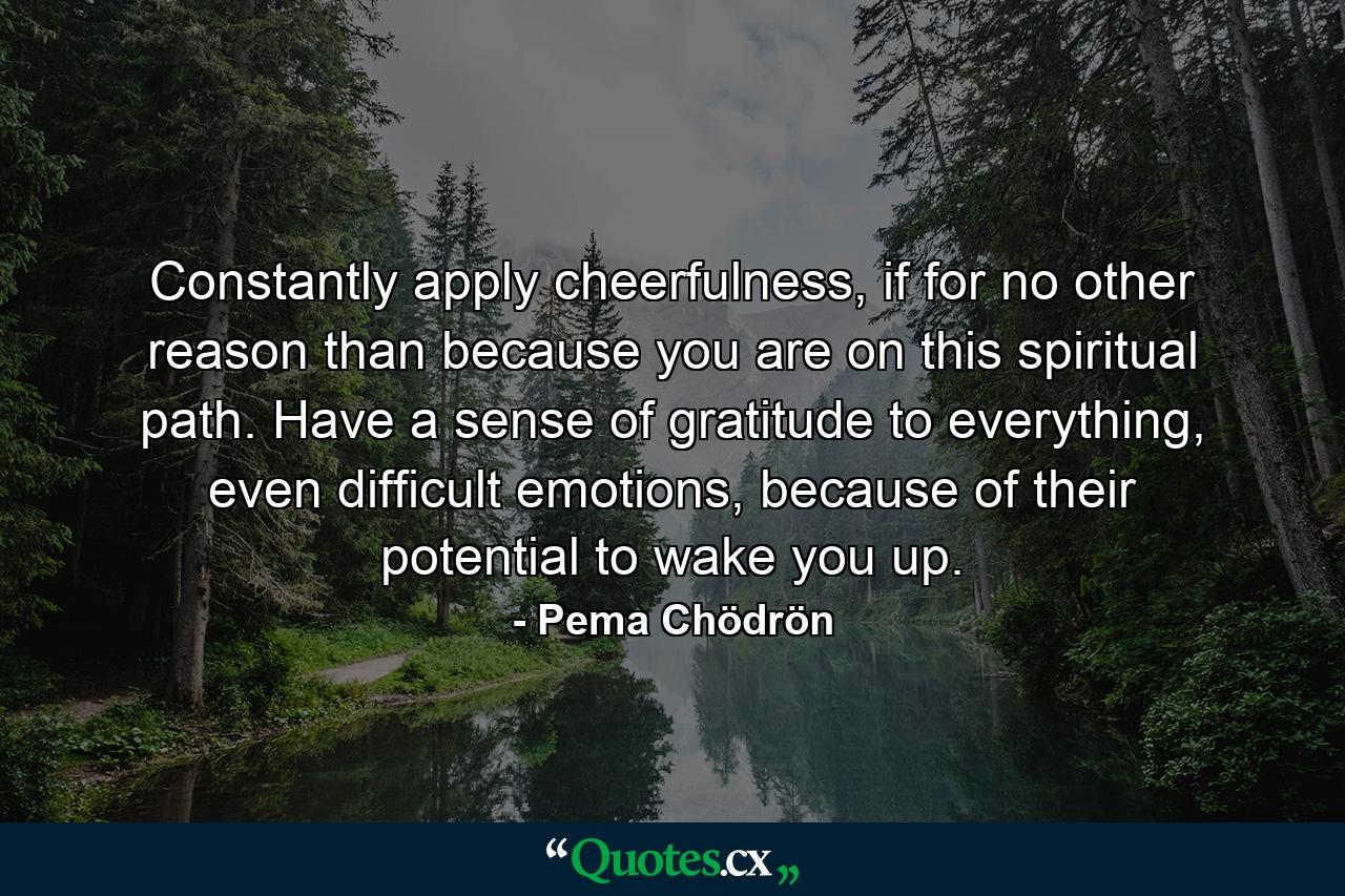 Constantly apply cheerfulness, if for no other reason than because you are on this spiritual path. Have a sense of gratitude to everything, even difficult emotions, because of their potential to wake you up. - Quote by Pema Chödrön