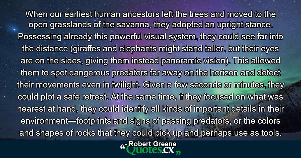 When our earliest human ancestors left the trees and moved to the open grasslands of the savanna, they adopted an upright stance. Possessing already this powerful visual system, they could see far into the distance (giraffes and elephants might stand taller, but their eyes are on the sides, giving them instead panoramic vision). This allowed them to spot dangerous predators far away on the horizon and detect their movements even in twilight. Given a few seconds or minutes, they could plot a safe retreat. At the same time, if they focused on what was nearest at hand, they could identify all kinds of important details in their environment—footprints and signs of passing predators, or the colors and shapes of rocks that they could pick up and perhaps use as tools. - Quote by Robert Greene