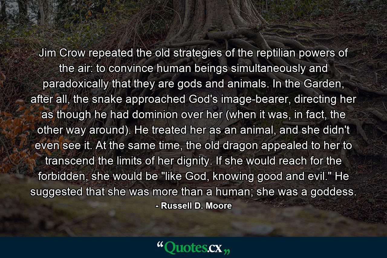 Jim Crow repeated the old strategies of the reptilian powers of the air: to convince human beings simultaneously and paradoxically that they are gods and animals. In the Garden, after all, the snake approached God's image-bearer, directing her as though he had dominion over her (when it was, in fact, the other way around). He treated her as an animal, and she didn't even see it. At the same time, the old dragon appealed to her to transcend the limits of her dignity. If she would reach for the forbidden, she would be 