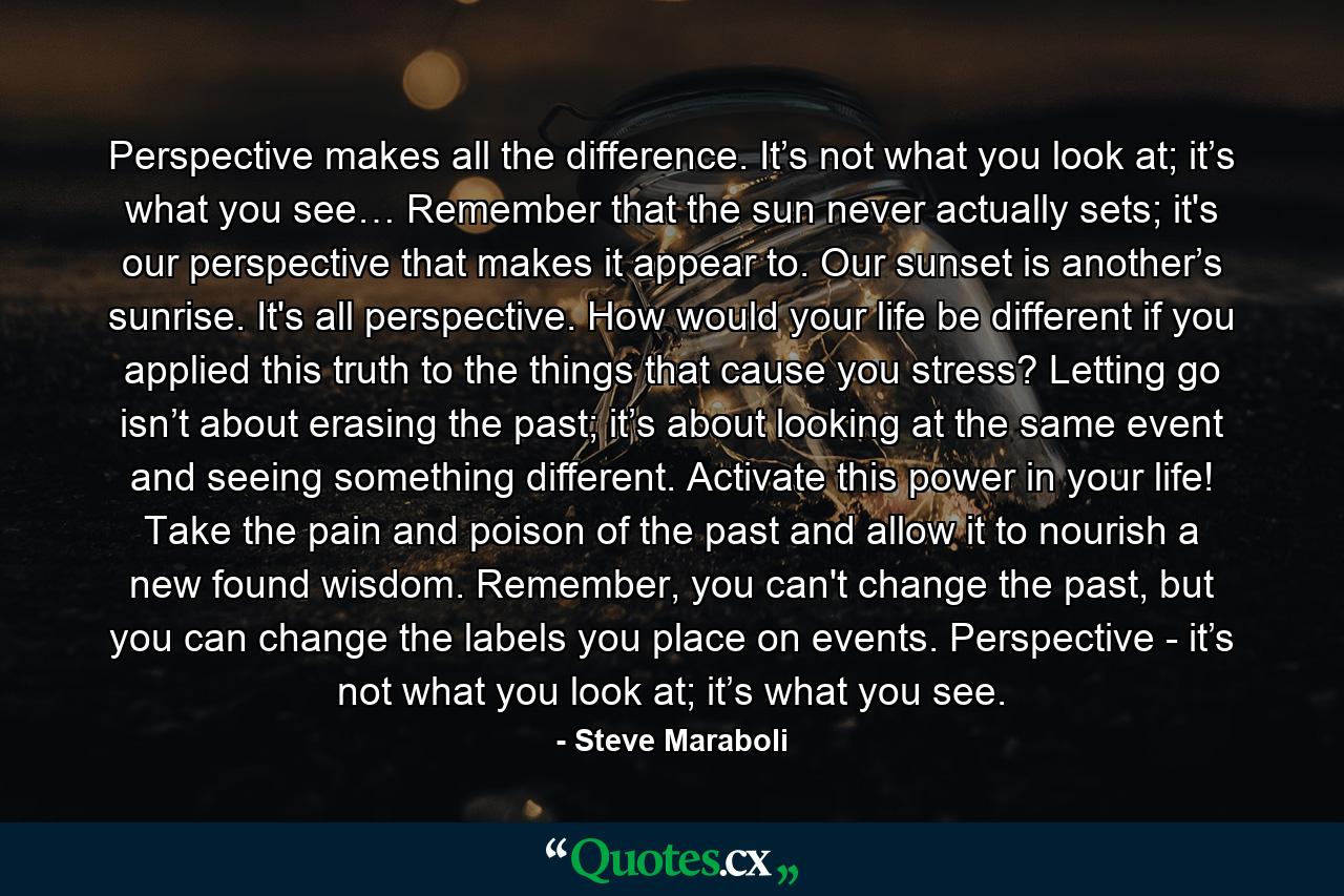 Perspective makes all the difference. It’s not what you look at; it’s what you see… Remember that the sun never actually sets; it's our perspective that makes it appear to. Our sunset is another’s sunrise. It's all perspective. How would your life be different if you applied this truth to the things that cause you stress? Letting go isn’t about erasing the past; it’s about looking at the same event and seeing something different. Activate this power in your life! Take the pain and poison of the past and allow it to nourish a new found wisdom. Remember, you can't change the past, but you can change the labels you place on events. Perspective - it’s not what you look at; it’s what you see. - Quote by Steve Maraboli