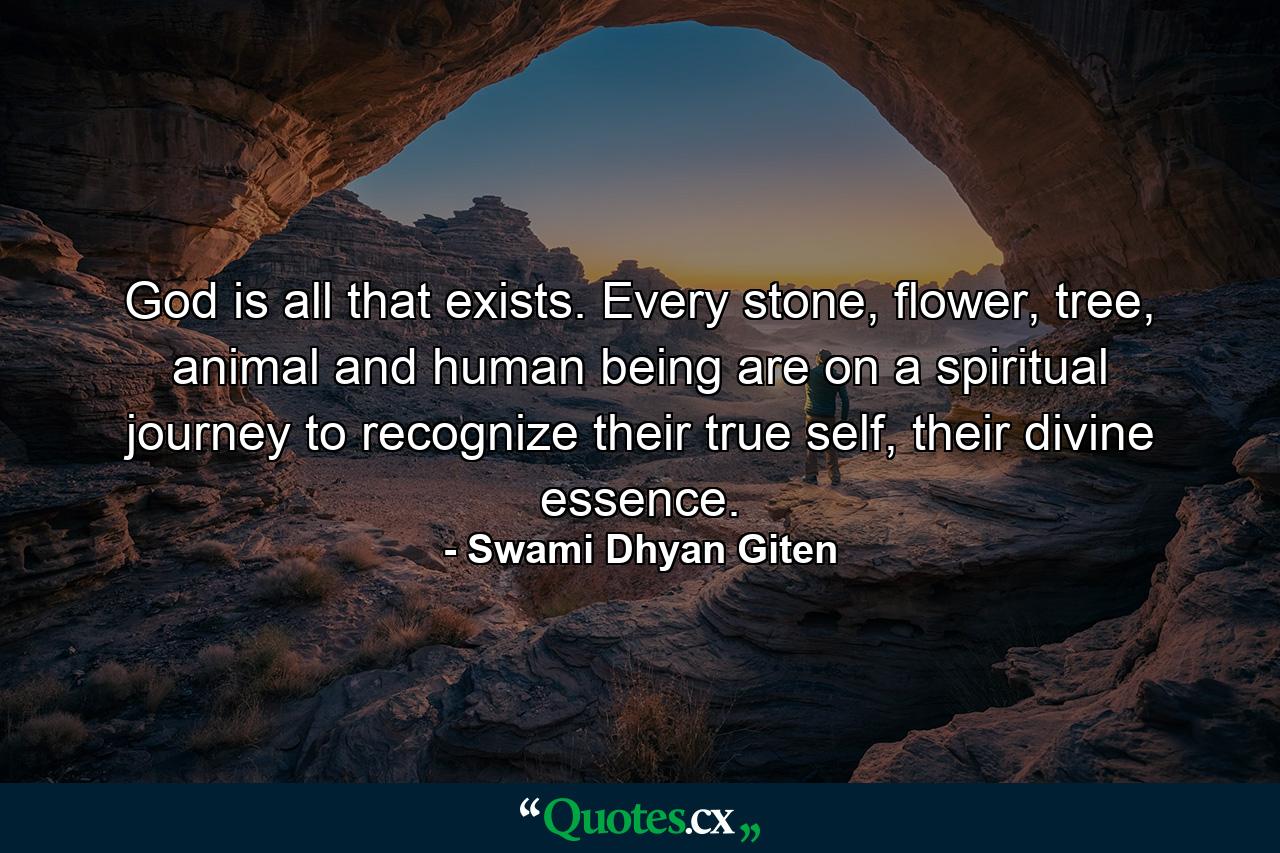 God is all that exists. Every stone, flower, tree, animal and human being are on a spiritual journey to recognize their true self, their divine essence. - Quote by Swami Dhyan Giten