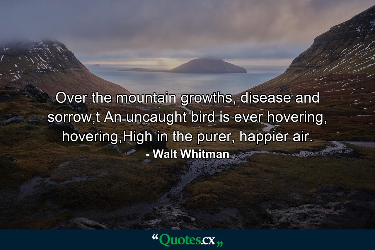 Over the mountain growths, disease and sorrow,t An uncaught bird is ever hovering, hovering,High in the purer, happier air. - Quote by Walt Whitman