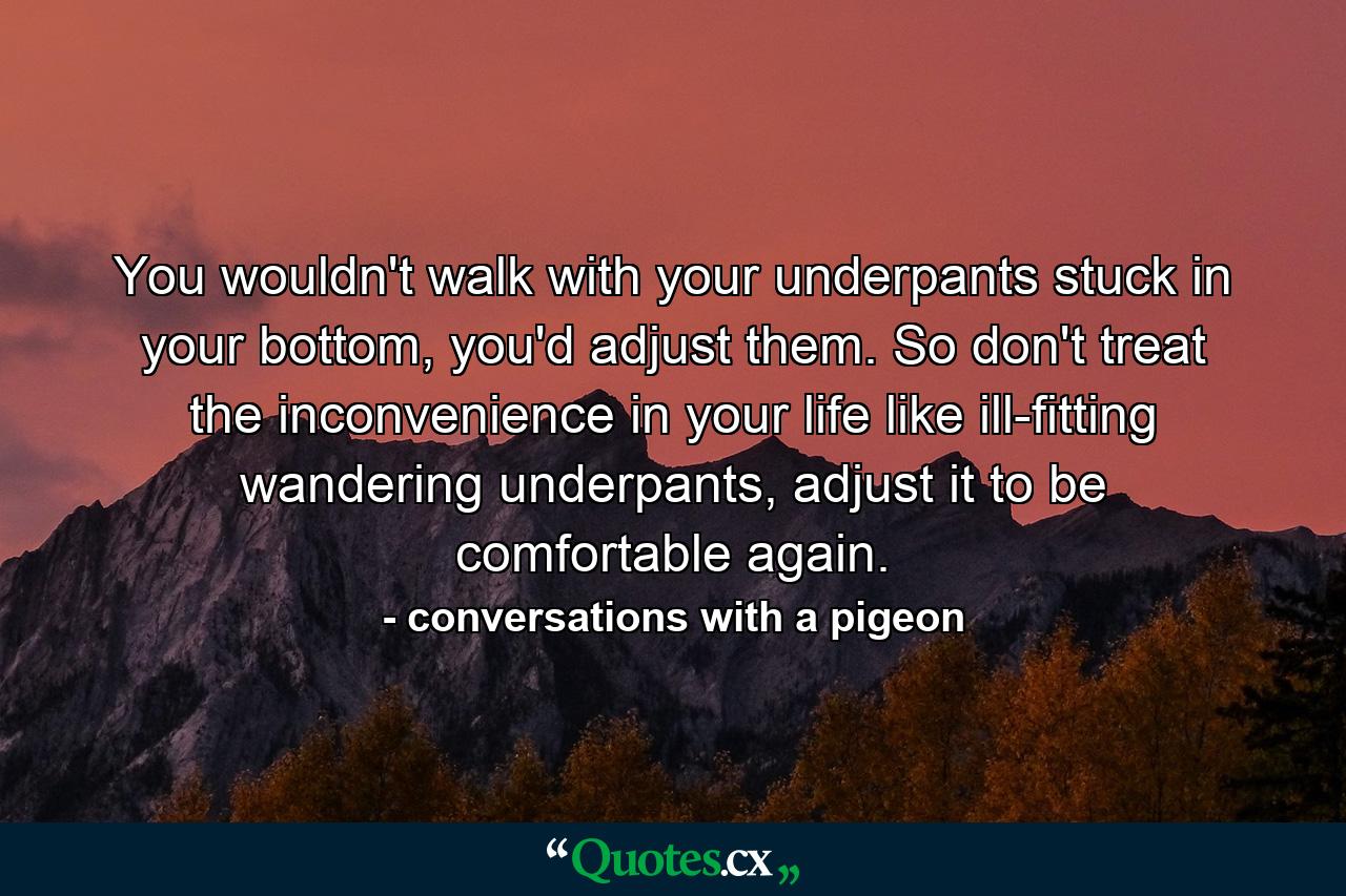 You wouldn't walk with your underpants stuck in your bottom, you'd adjust them. So don't treat the inconvenience in your life like ill-fitting wandering underpants, adjust it to be comfortable again. - Quote by conversations with a pigeon