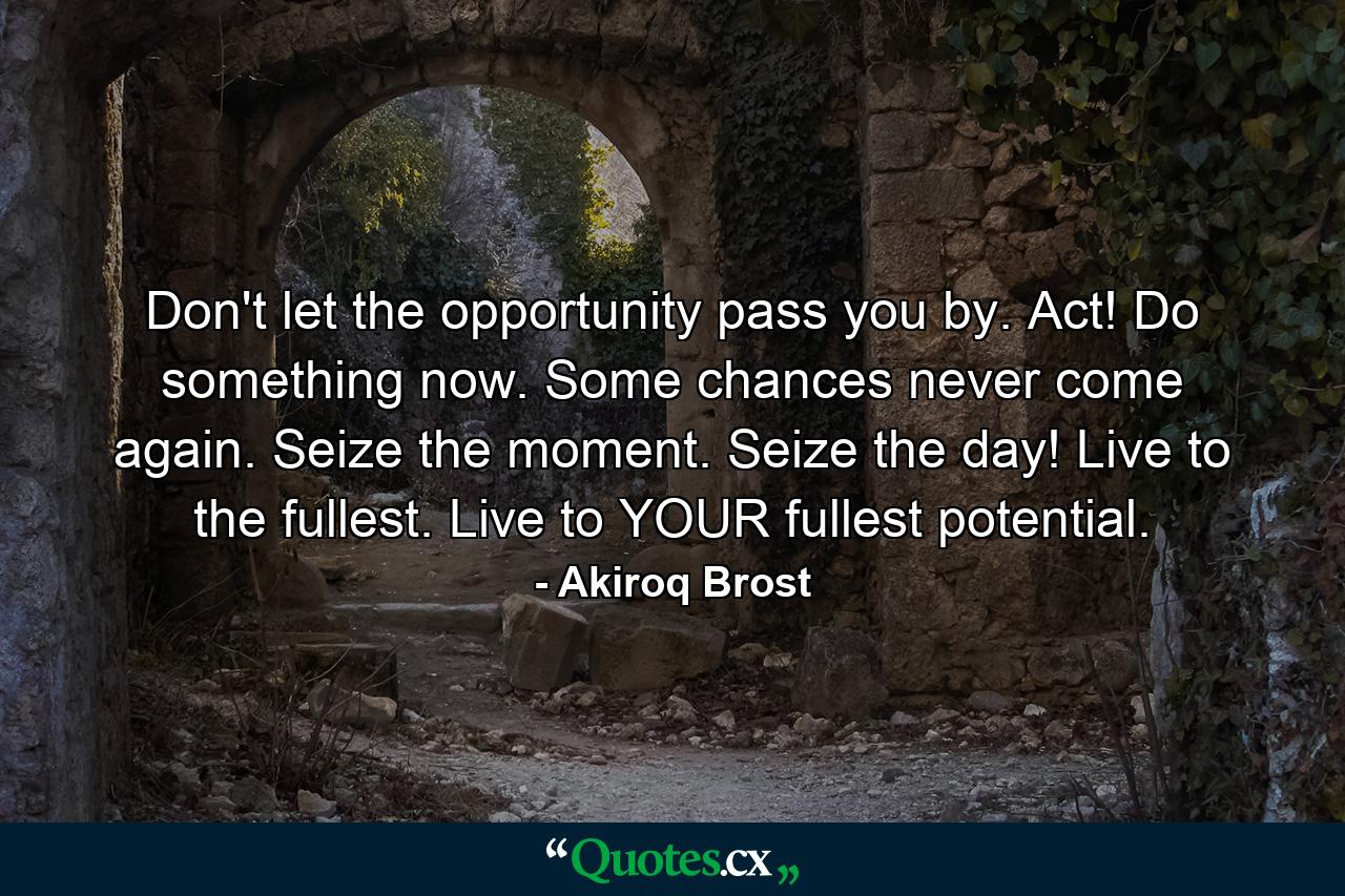 Don't let the opportunity pass you by. Act! Do something now. Some chances never come again. Seize the moment. Seize the day! Live to the fullest. Live to YOUR fullest potential. - Quote by Akiroq Brost