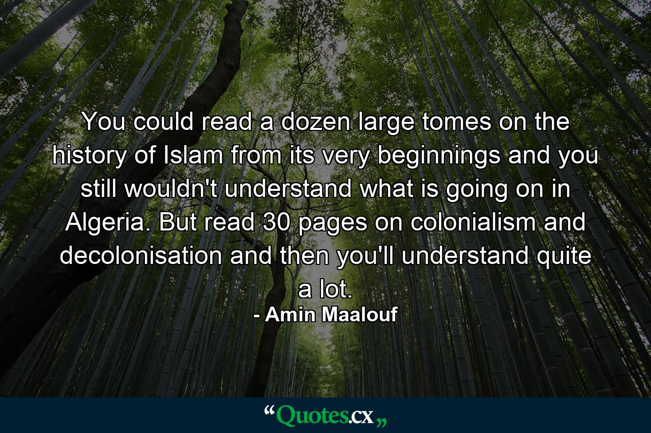 You could read a dozen large tomes on the history of Islam from its very beginnings and you still wouldn't understand what is going on in Algeria. But read 30 pages on colonialism and decolonisation and then you'll understand quite a lot. - Quote by Amin Maalouf