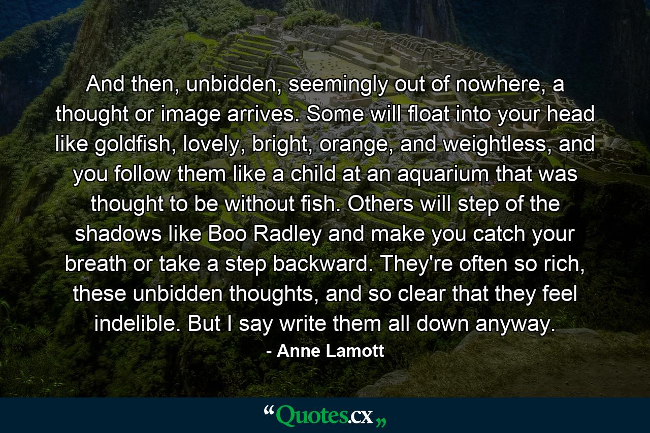 And then, unbidden, seemingly out of nowhere, a thought or image arrives. Some will float into your head like goldfish, lovely, bright, orange, and weightless, and you follow them like a child at an aquarium that was thought to be without fish. Others will step of the shadows like Boo Radley and make you catch your breath or take a step backward. They're often so rich, these unbidden thoughts, and so clear that they feel indelible. But I say write them all down anyway. - Quote by Anne Lamott