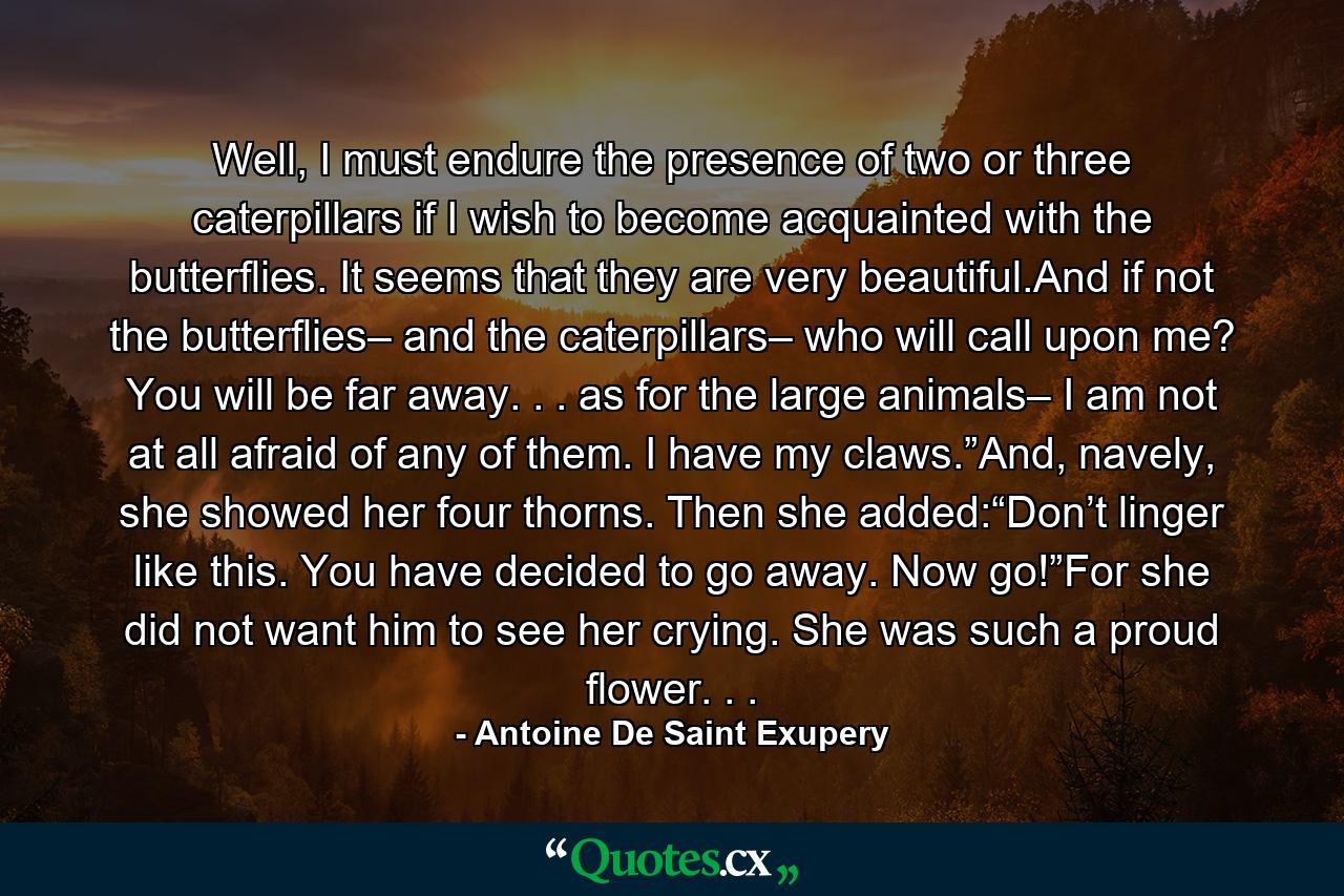 Well, I must endure the presence of two or three caterpillars if I wish to become acquainted with the butterflies. It seems that they are very beautiful.And if not the butterflies– and the caterpillars– who will call upon me? You will be far away. . . as for the large animals– I am not at all afraid of any of them. I have my claws.”And, navely, she showed her four thorns. Then she added:“Don’t linger like this. You have decided to go away. Now go!”For she did not want him to see her crying. She was such a proud flower. . . - Quote by Antoine De Saint Exupery