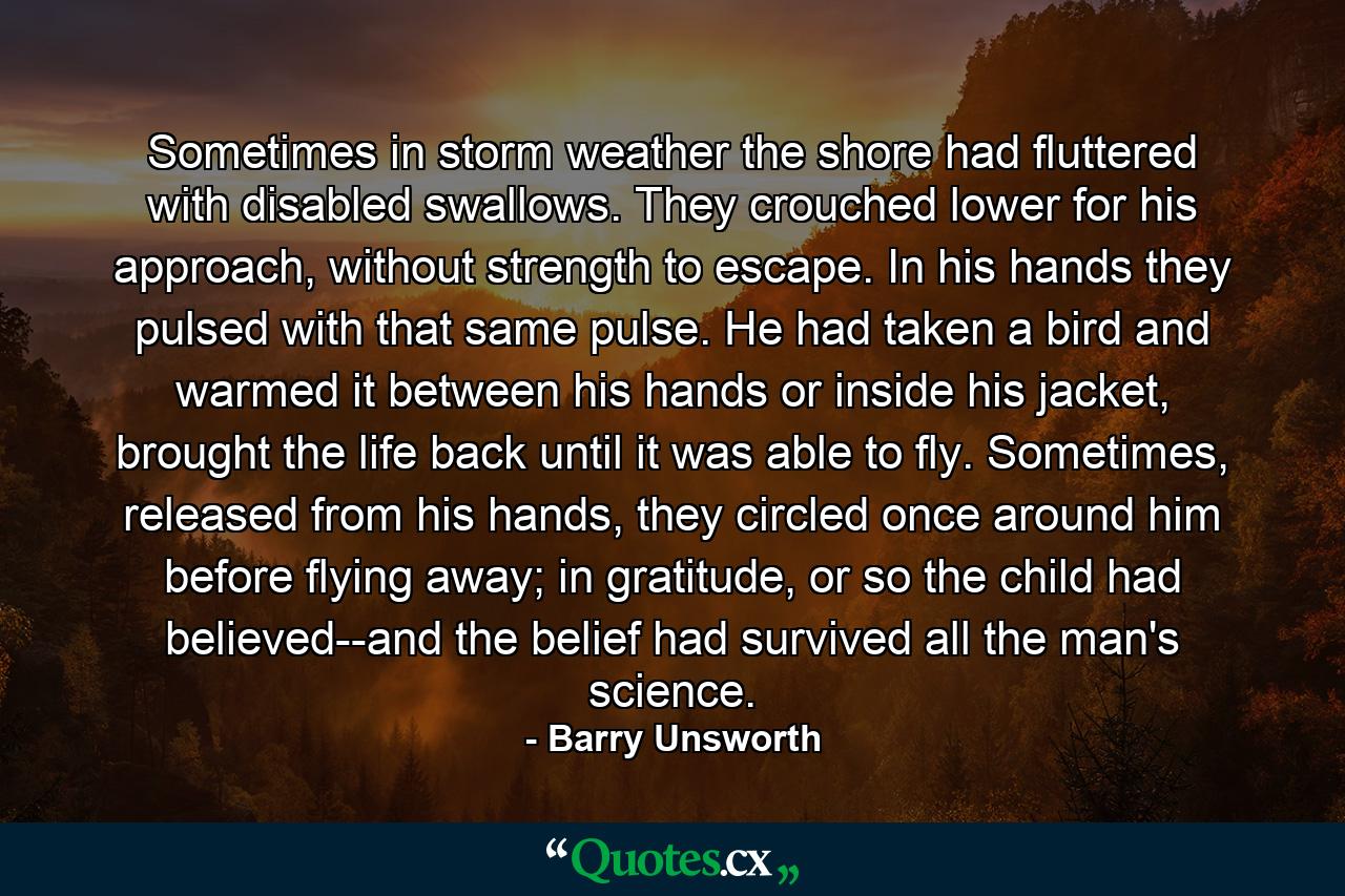 Sometimes in storm weather the shore had fluttered with disabled swallows. They crouched lower for his approach, without strength to escape. In his hands they pulsed with that same pulse. He had taken a bird and warmed it between his hands or inside his jacket, brought the life back until it was able to fly. Sometimes, released from his hands, they circled once around him before flying away; in gratitude, or so the child had believed--and the belief had survived all the man's science. - Quote by Barry Unsworth