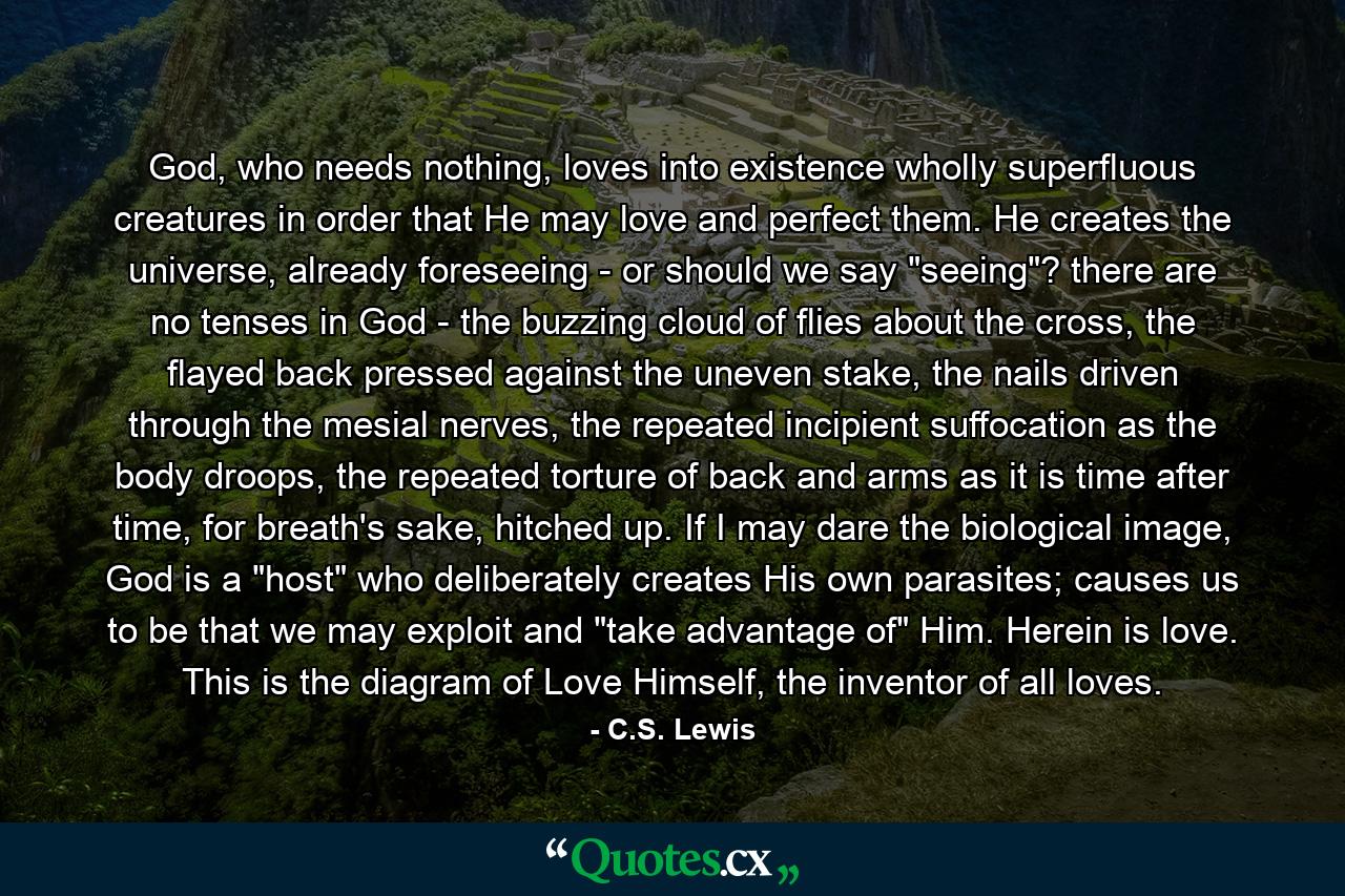 God, who needs nothing, loves into existence wholly superfluous creatures in order that He may love and perfect them. He creates the universe, already foreseeing - or should we say 