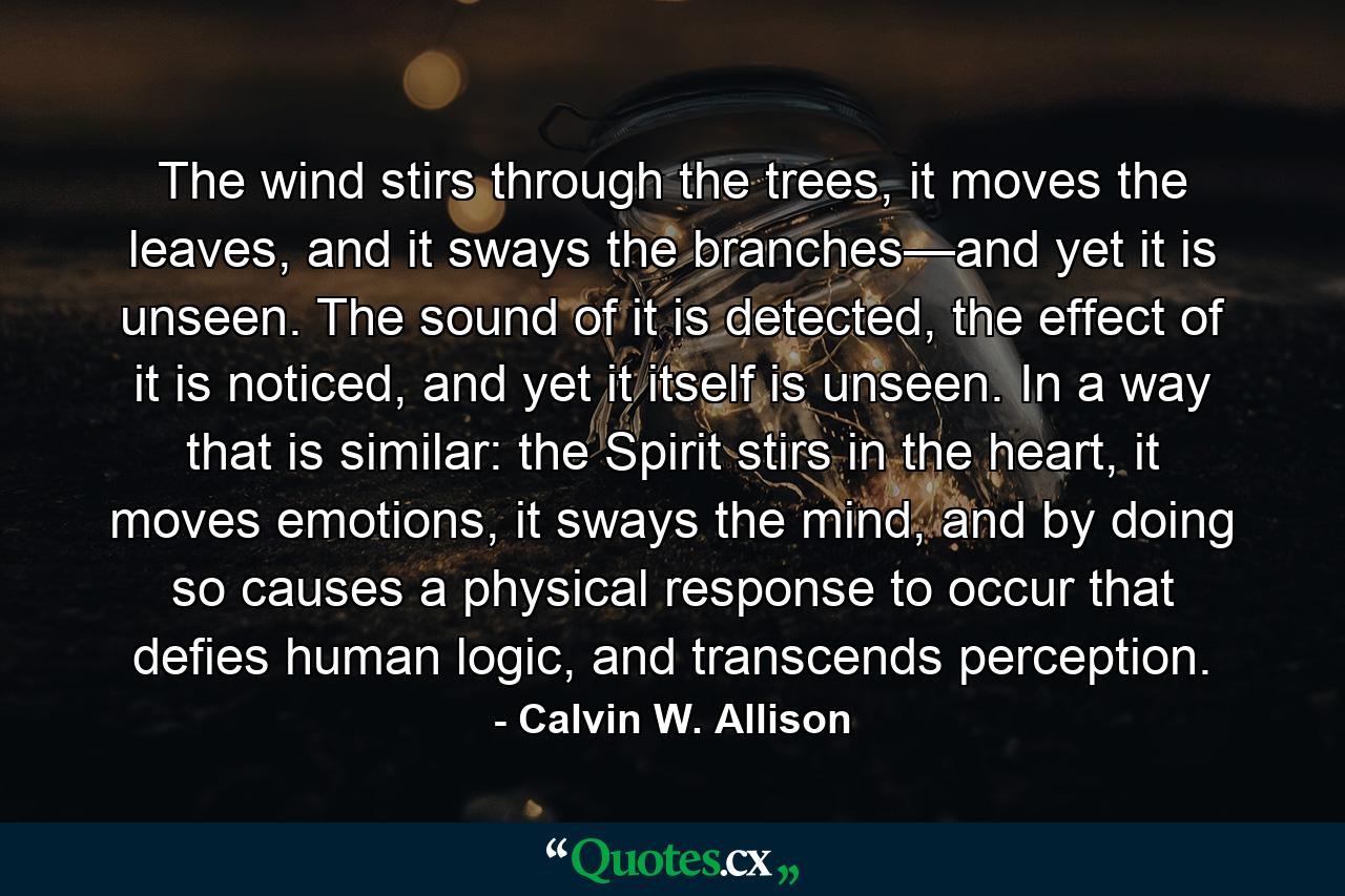 The wind stirs through the trees, it moves the leaves, and it sways the branches—and yet it is unseen. The sound of it is detected, the effect of it is noticed, and yet it itself is unseen. In a way that is similar: the Spirit stirs in the heart, it moves emotions, it sways the mind, and by doing so causes a physical response to occur that defies human logic, and transcends perception. - Quote by Calvin W. Allison