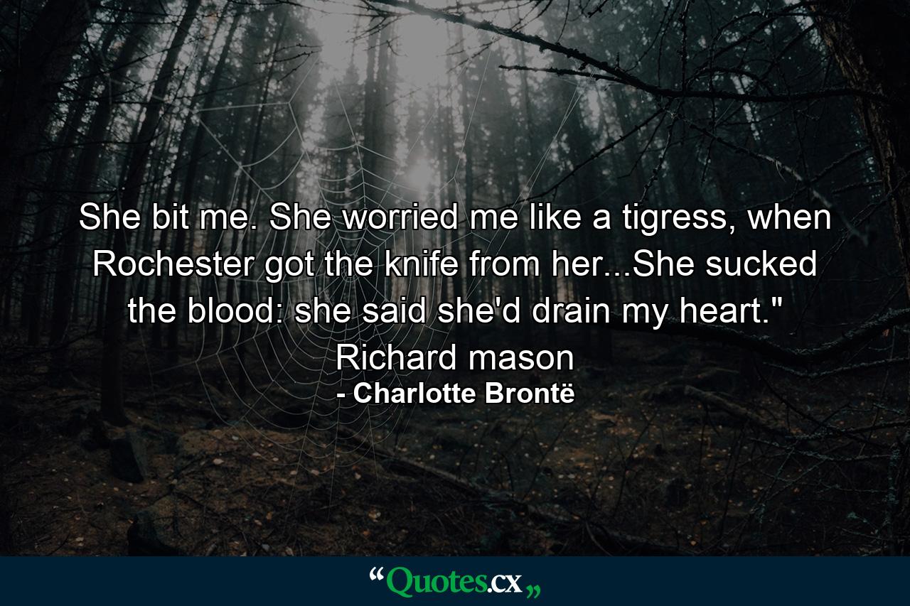 She bit me. She worried me like a tigress, when Rochester got the knife from her...She sucked the blood: she said she'd drain my heart.