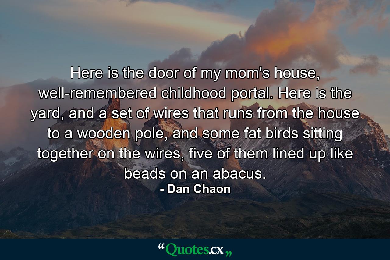 Here is the door of my mom's house, well-remembered childhood portal. Here is the yard, and a set of wires that runs from the house to a wooden pole, and some fat birds sitting together on the wires, five of them lined up like beads on an abacus. - Quote by Dan Chaon