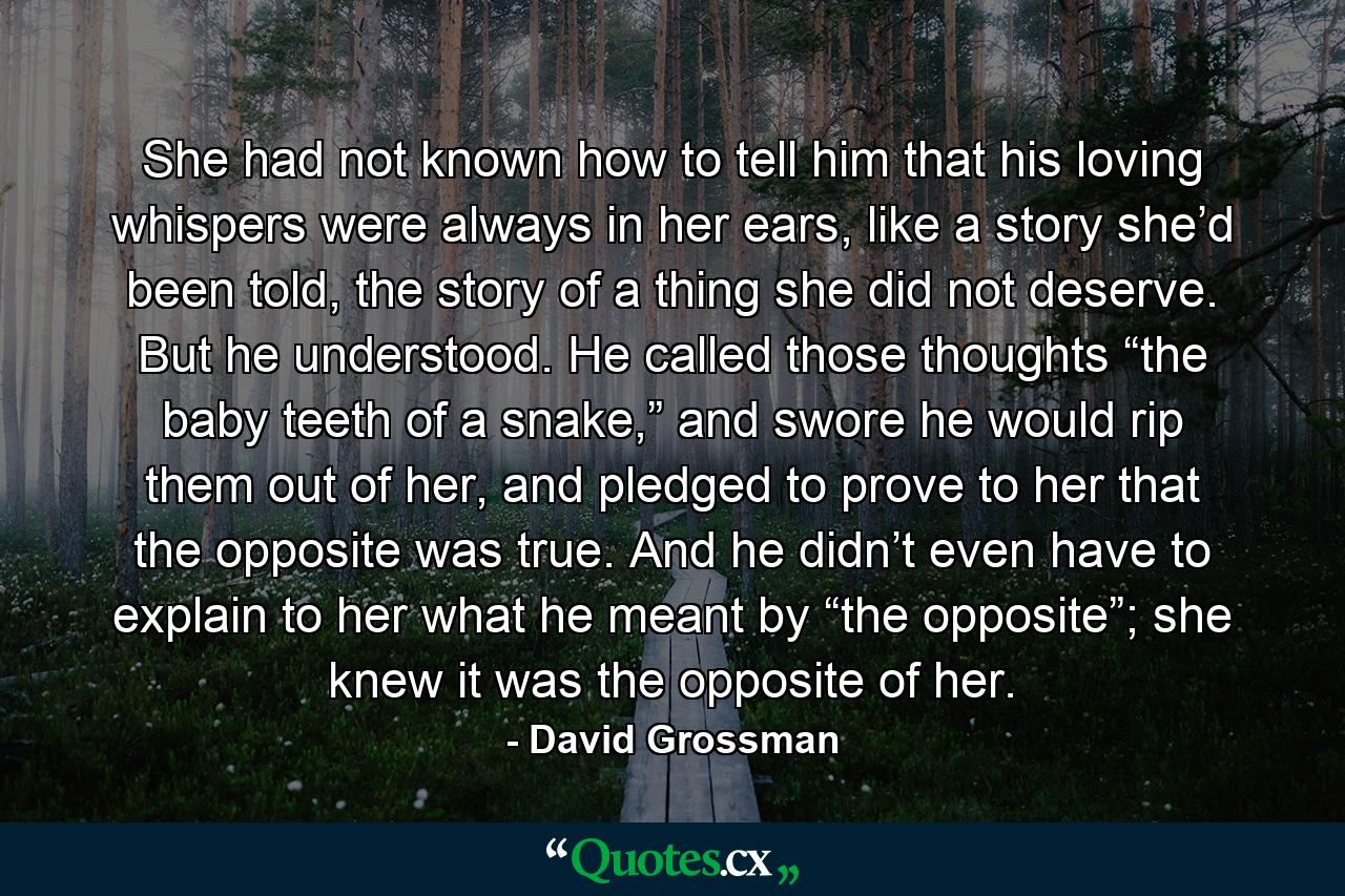 She had not known how to tell him that his loving whispers were always in her ears, like a story she’d been told, the story of a thing she did not deserve. But he understood. He called those thoughts “the baby teeth of a snake,” and swore he would rip them out of her, and pledged to prove to her that the opposite was true. And he didn’t even have to explain to her what he meant by “the opposite”; she knew it was the opposite of her. - Quote by David Grossman