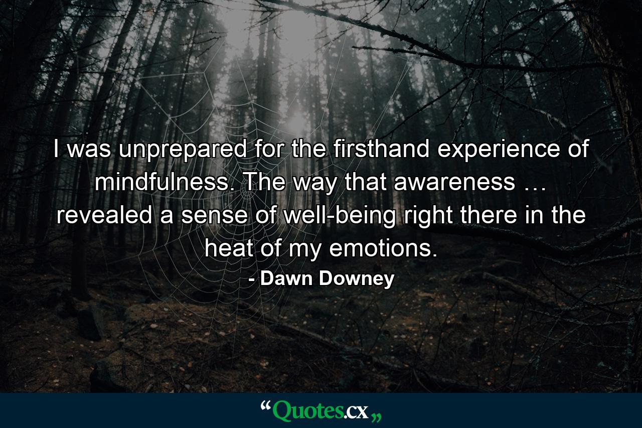 I was unprepared for the firsthand experience of mindfulness. The way that awareness … revealed a sense of well-being right there in the heat of my emotions. - Quote by Dawn Downey