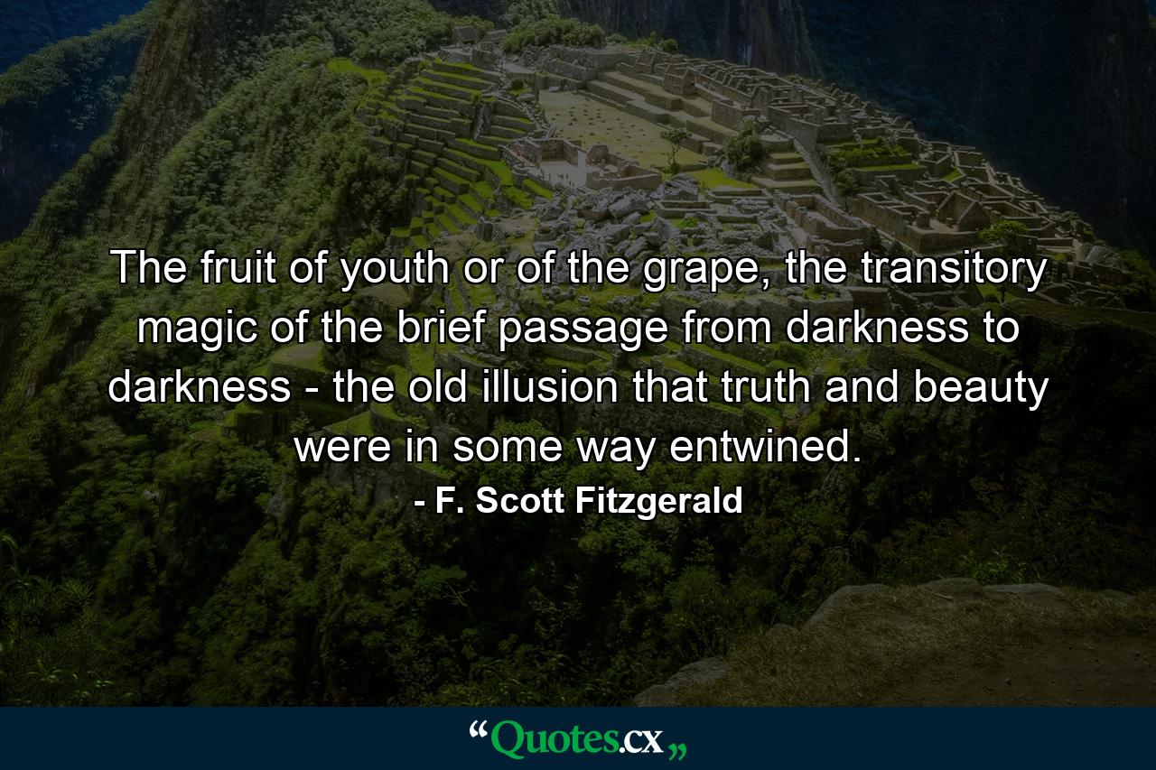 The fruit of youth or of the grape, the transitory magic of the brief passage from darkness to darkness - the old illusion that truth and beauty were in some way entwined. - Quote by F. Scott Fitzgerald