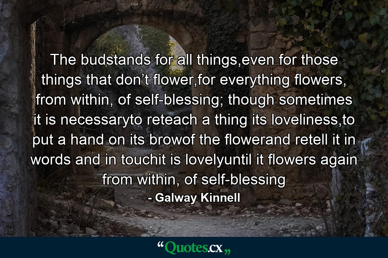 The budstands for all things,even for those things that don’t flower,for everything flowers, from within, of self-blessing; though sometimes it is necessaryto reteach a thing its loveliness,to put a hand on its browof the flowerand retell it in words and in touchit is lovelyuntil it flowers again from within, of self-blessing - Quote by Galway Kinnell