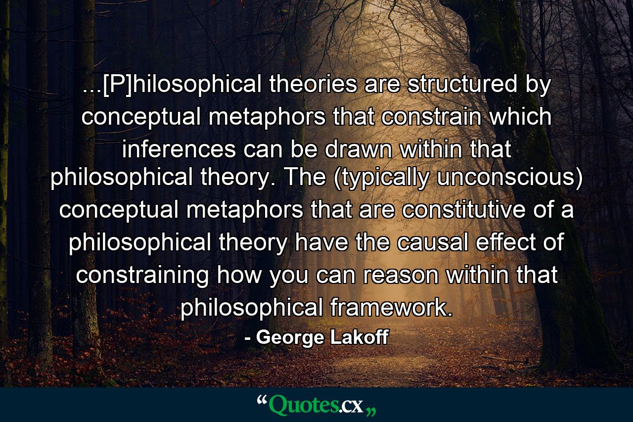 ...[P]hilosophical theories are structured by conceptual metaphors that constrain which inferences can be drawn within that philosophical theory. The (typically unconscious) conceptual metaphors that are constitutive of a philosophical theory have the causal effect of constraining how you can reason within that philosophical framework. - Quote by George Lakoff