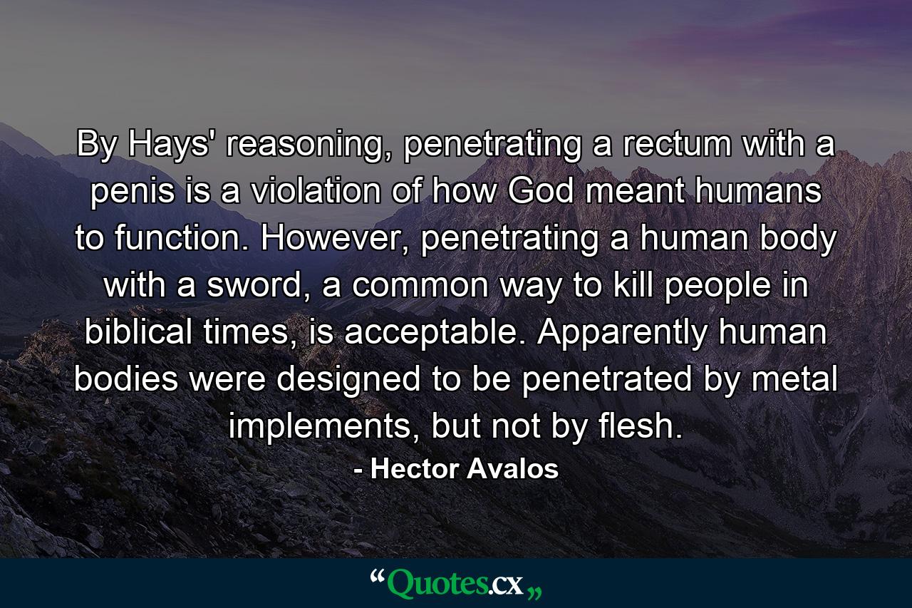 By Hays' reasoning, penetrating a rectum with a penis is a violation of how God meant humans to function. However, penetrating a human body with a sword, a common way to kill people in biblical times, is acceptable. Apparently human bodies were designed to be penetrated by metal implements, but not by flesh. - Quote by Hector Avalos