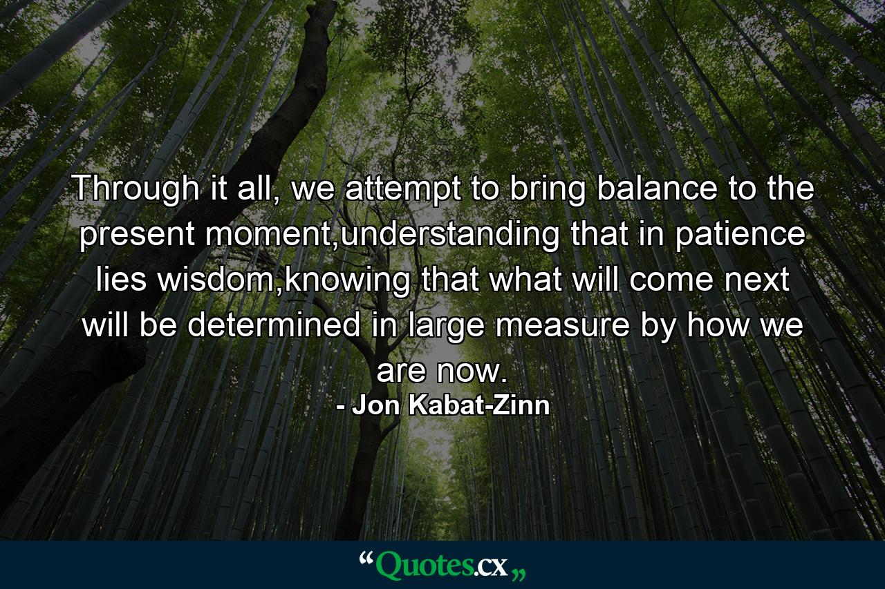 Through it all, we attempt to bring balance to the present moment,understanding that in patience lies wisdom,knowing that what will come next will be determined in large measure by how we are now. - Quote by Jon Kabat-Zinn