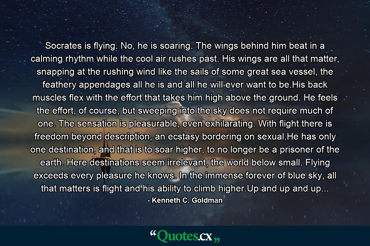 Socrates is flying. No, he is soaring. The wings behind him beat in a calming rhythm while the cool air rushes past. His wings are all that matter, snapping at the rushing wind like the sails of some great sea vessel, the feathery appendages all he is and all he will ever want to be.His back muscles flex with the effort that takes him high above the ground. He feels the effort, of course, but sweeping into the sky does not require much of one. The sensation is pleasurable, even exhilarating. With flight there is freedom beyond description, an ecstasy bordering on sexual.He has only one destination, and that is to soar higher, to no longer be a prisoner of the earth. Here destinations seem irrelevant, the world below small. Flying exceeds every pleasure he knows. In the immense forever of blue sky, all that matters is flight and his ability to climb higher.Up and up and up... - Quote by Kenneth C. Goldman