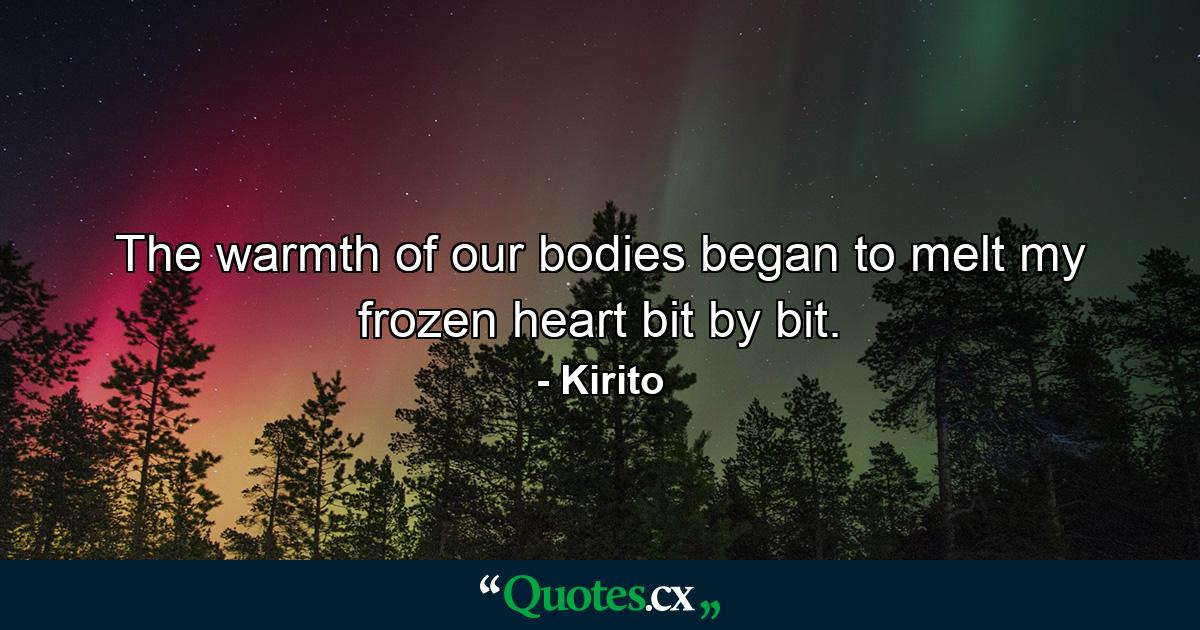 The warmth of our bodies began to melt my frozen heart bit by bit. - Quote by Kirito