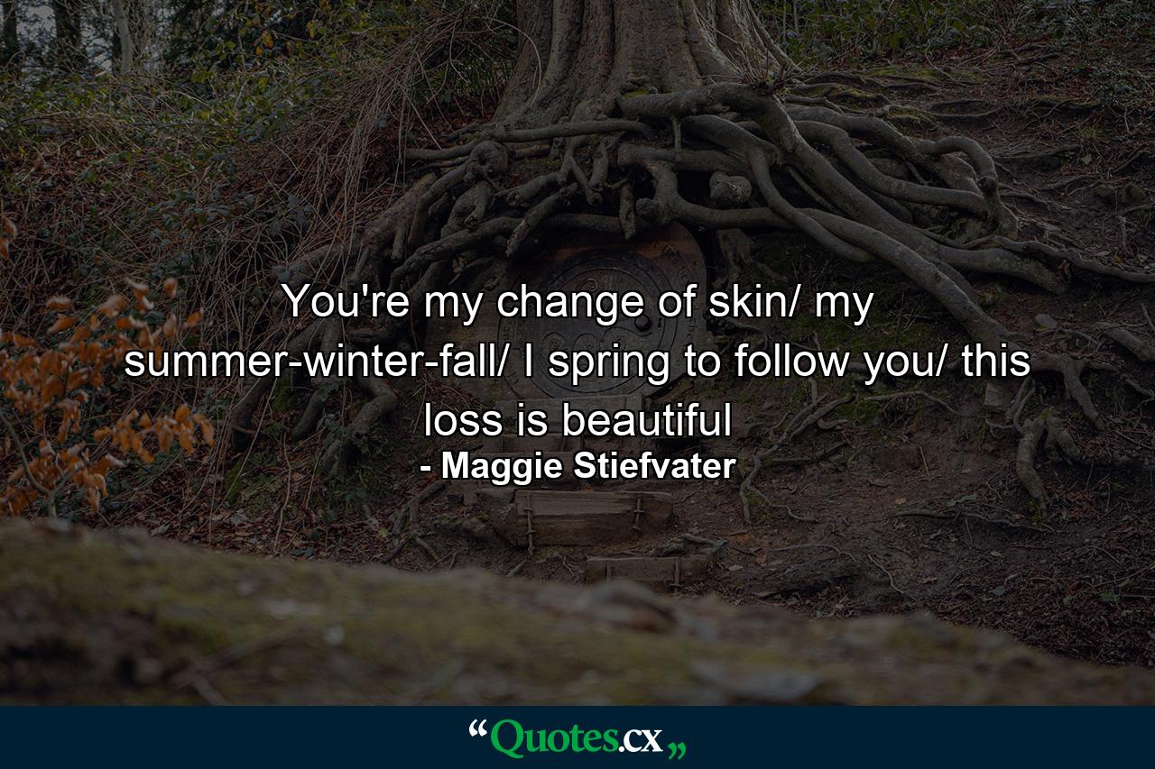 You're my change of skin/ my summer-winter-fall/ I spring to follow you/ this loss is beautiful - Quote by Maggie Stiefvater