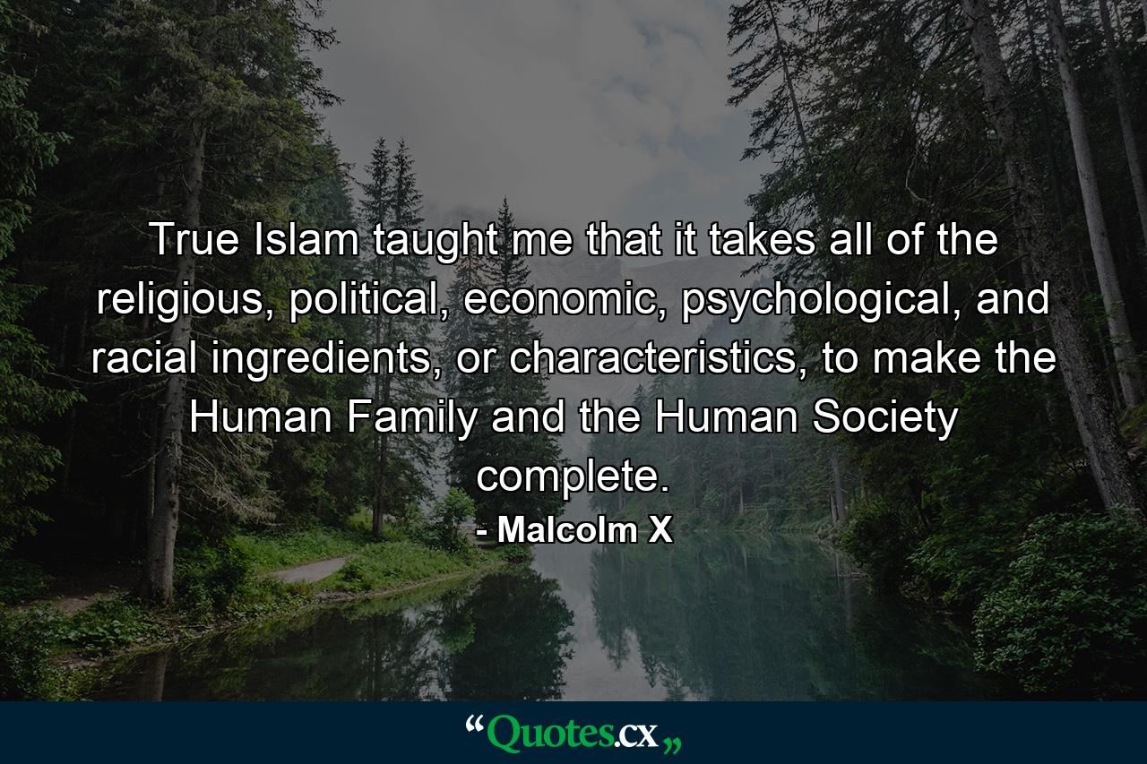 True Islam taught me that it takes all of the religious, political, economic, psychological, and racial ingredients, or characteristics, to make the Human Family and the Human Society complete. - Quote by Malcolm X