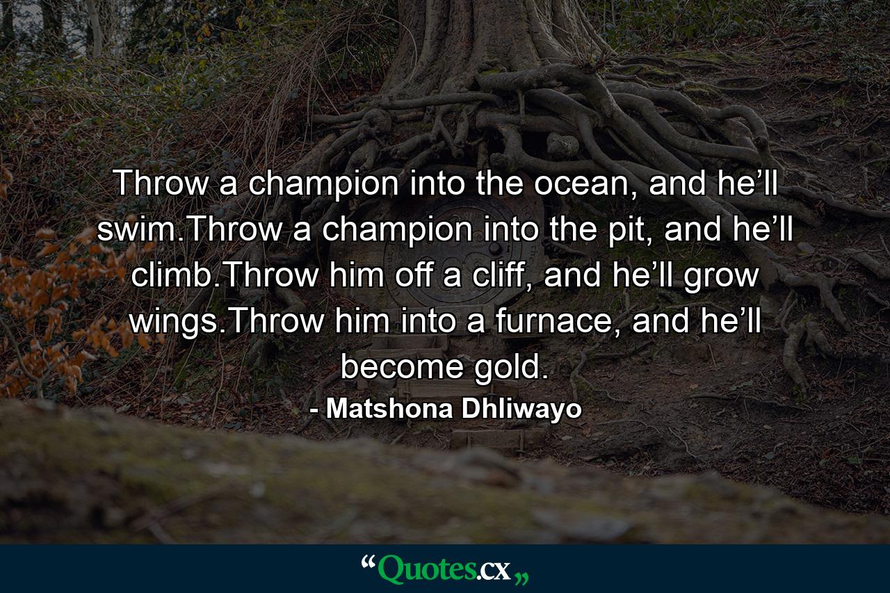 Throw a champion into the ocean, and he’ll swim.Throw a champion into the pit, and he’ll climb.Throw him off a cliff, and he’ll grow wings.Throw him into a furnace, and he’ll become gold. - Quote by Matshona Dhliwayo